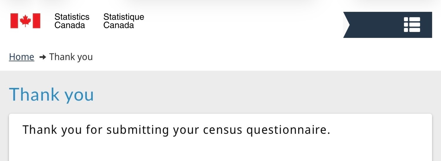 A thank you message from Statistics Canada confirms the submission of a census questionnaire.