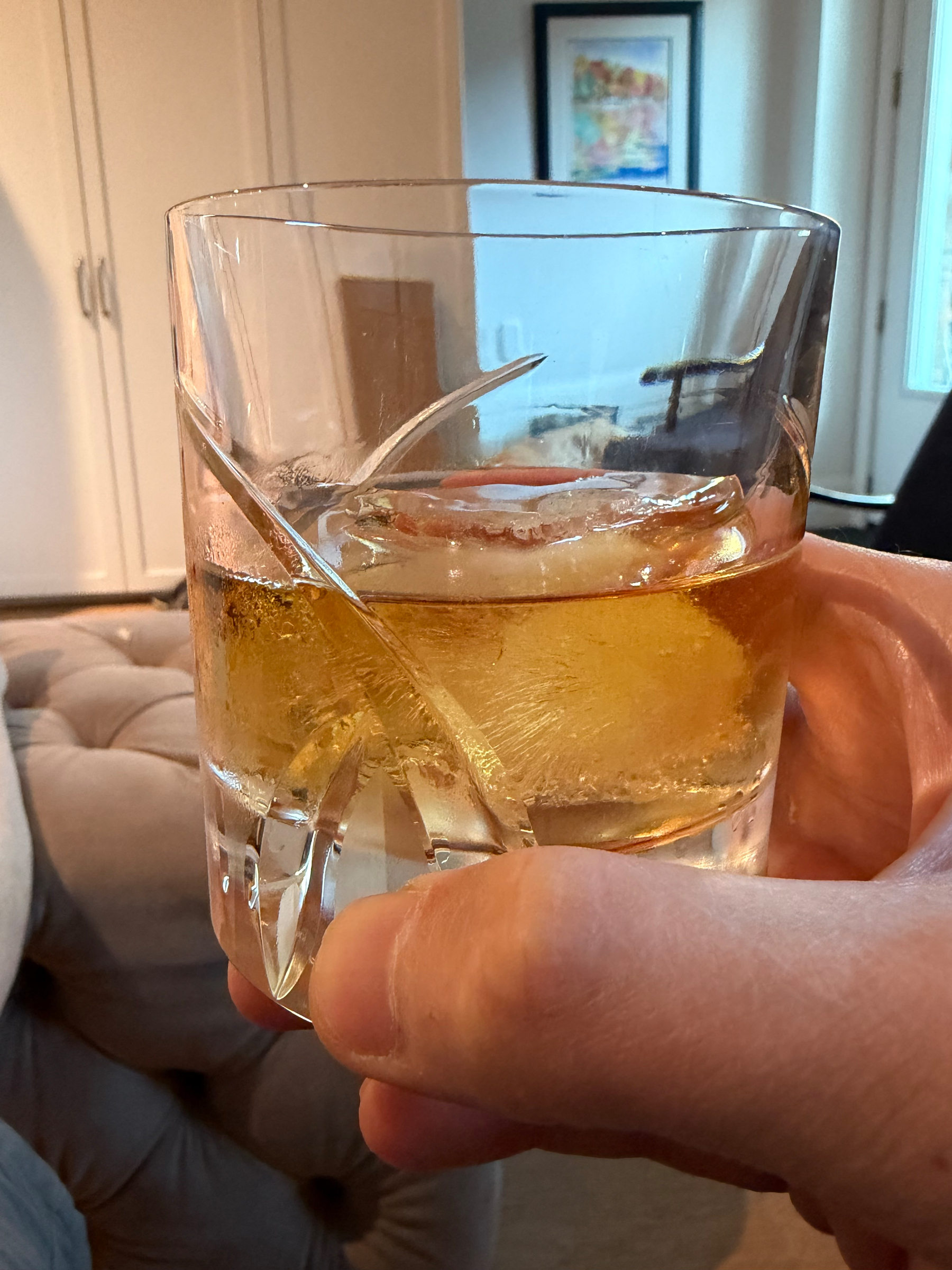 A hand is holding a crystal glass filled with a golden-brown liquid and a large ice cube, with a cozy living room visible in the background.