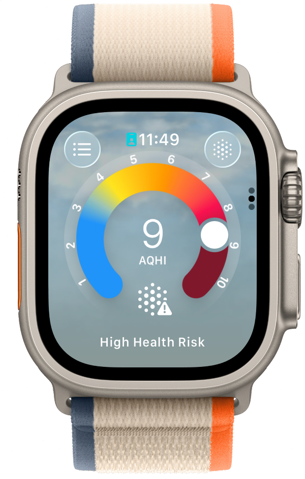 A smartwatch displays an AQHI (Air Quality Health Index) of 9, indicating a high health risk.