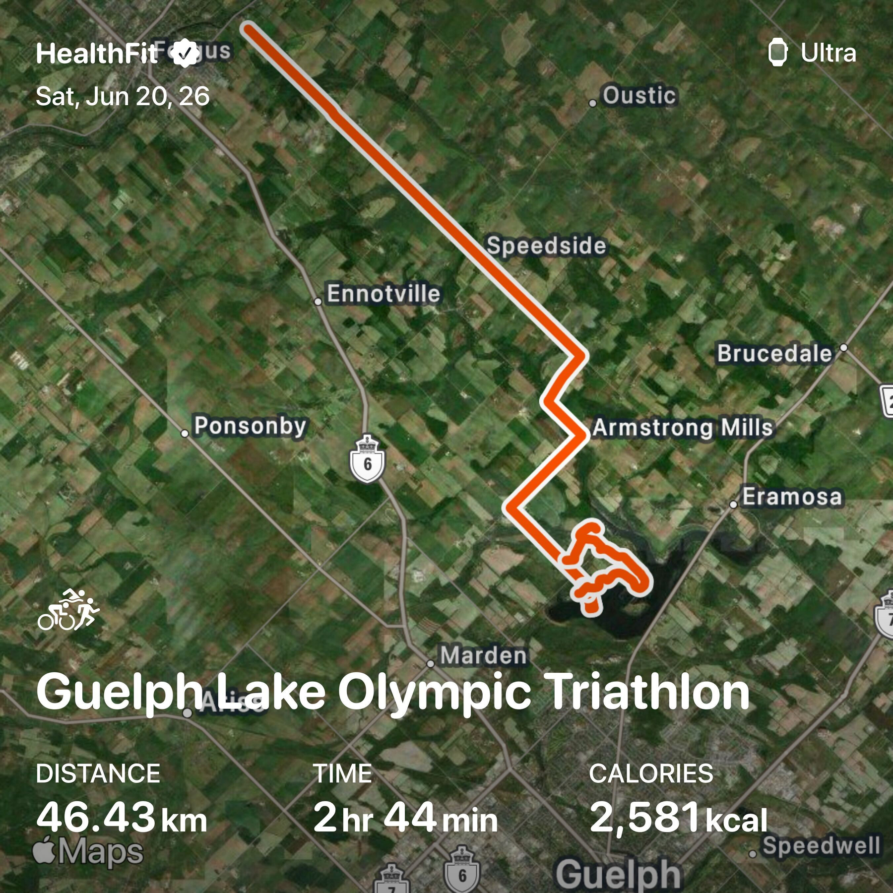 A map displays the route of the Guelph Lake Olympic Triathlon covering 46.43 km in 2 hours and 44 minutes with 2,581 kcal burned, passing through locations like Armstrong Mills and Speedsid, along with the date Sat, Jun 20.