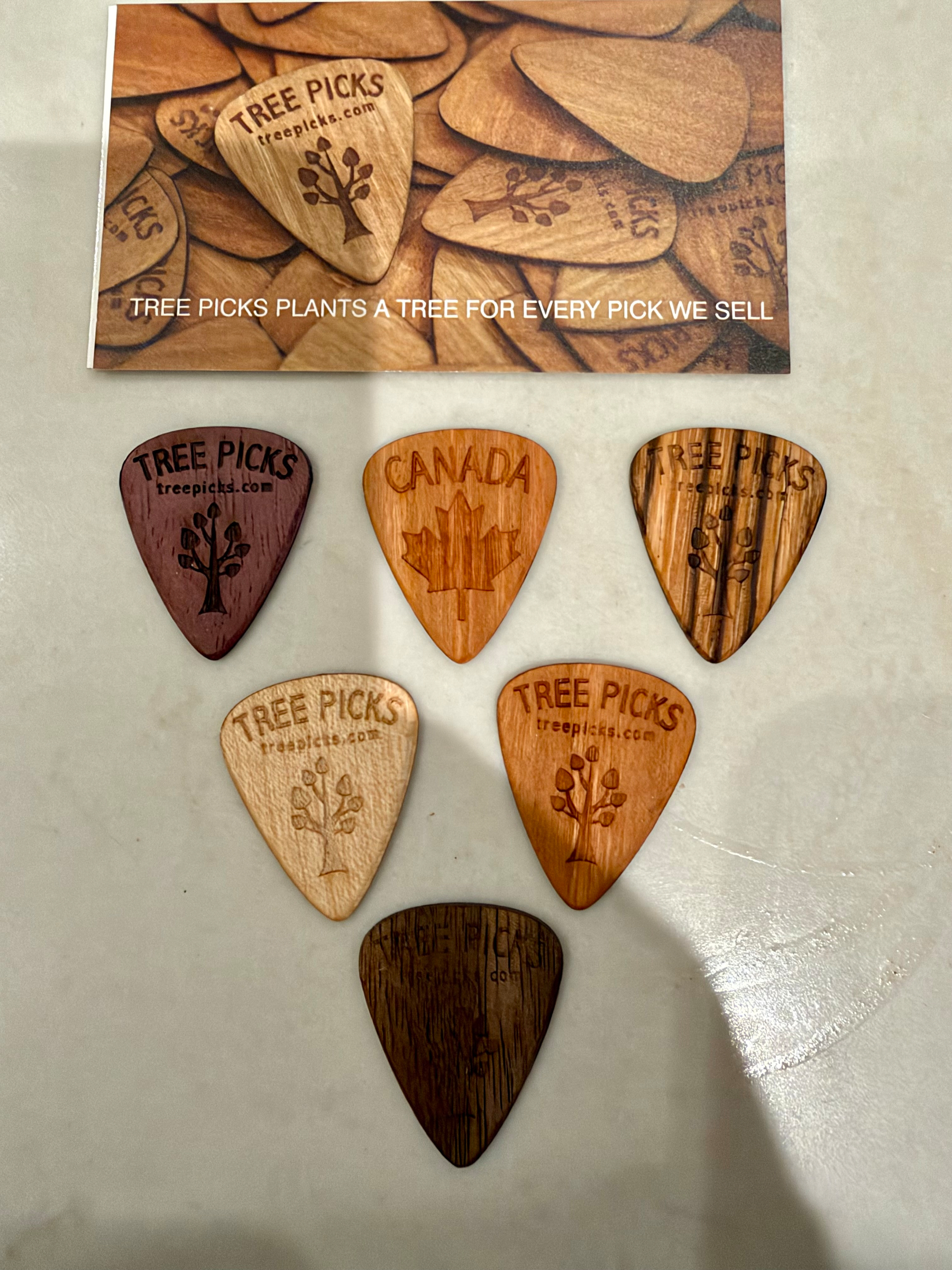 Seven wooden guitar picks with various tree engravings and the word TREE PICKS are displayed beneath a card that reads TREE PICKS PLANTS A TREE FOR EVERY PICK WE SELL.