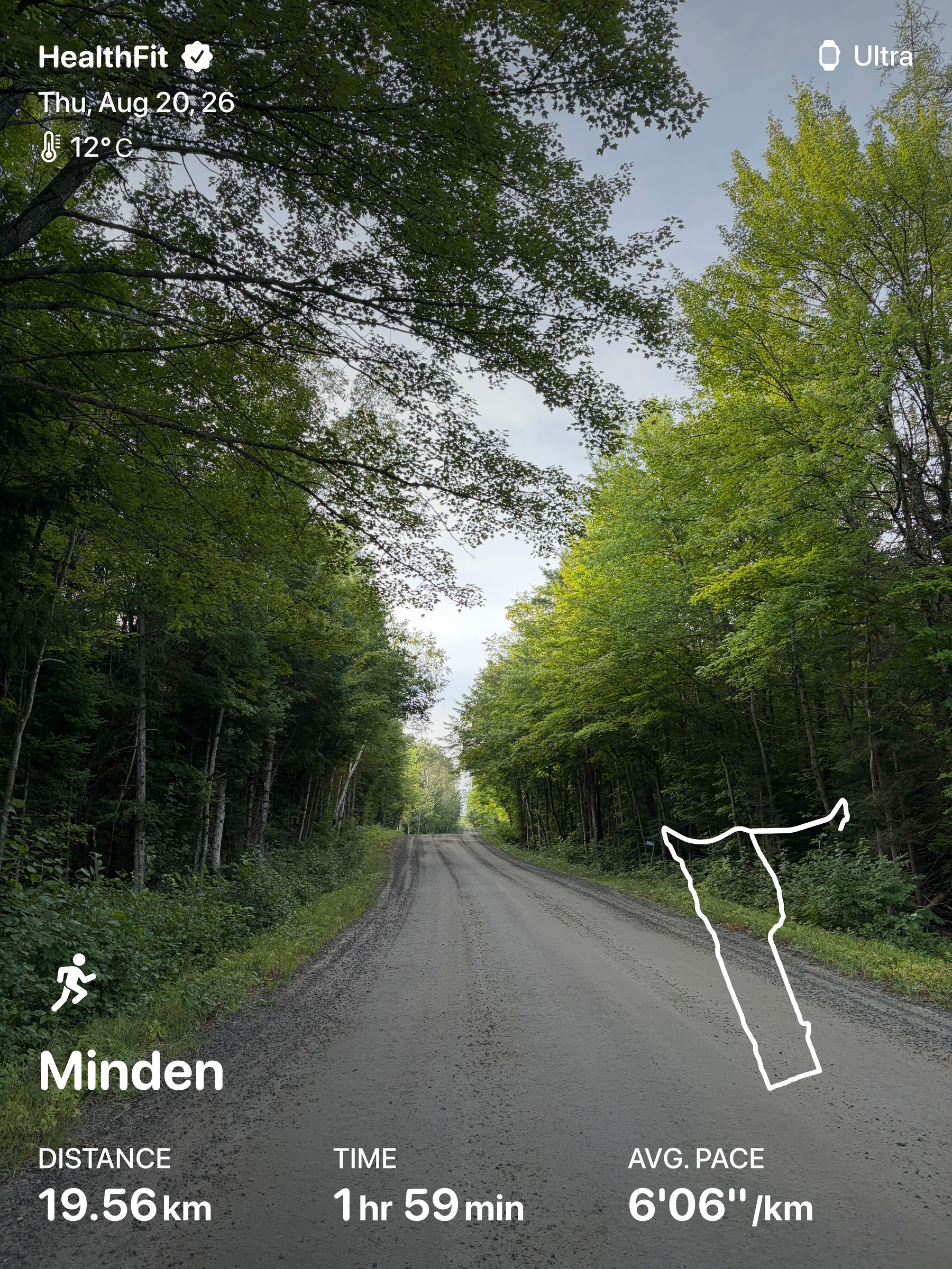 A gravel road surrounded by dense green trees is shown along with running statistics including distance, time, average pace, location, date, and temperature.