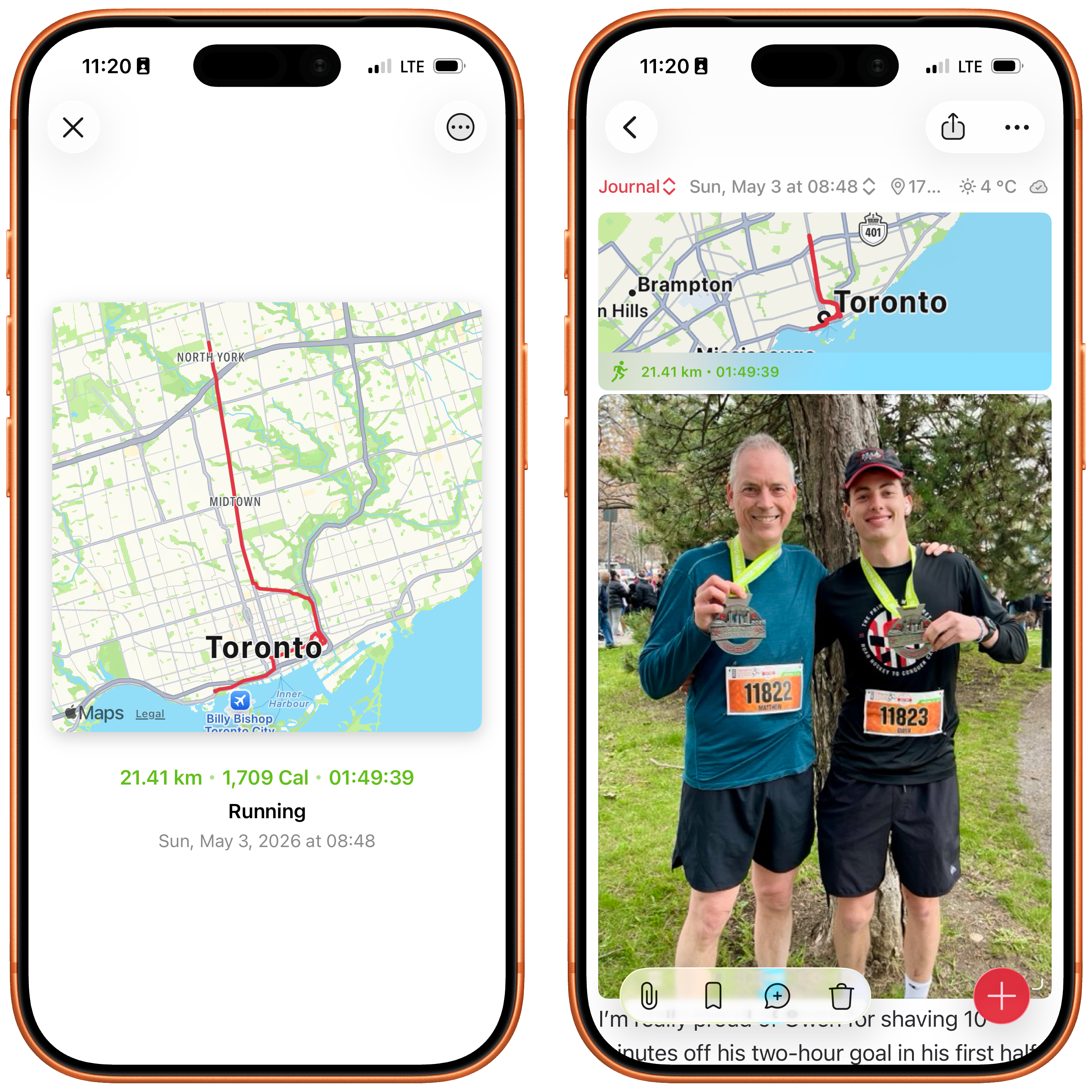 Two people holding medals pose for a photo after completing a running event in Toronto, with a map showing their route and details of their run.