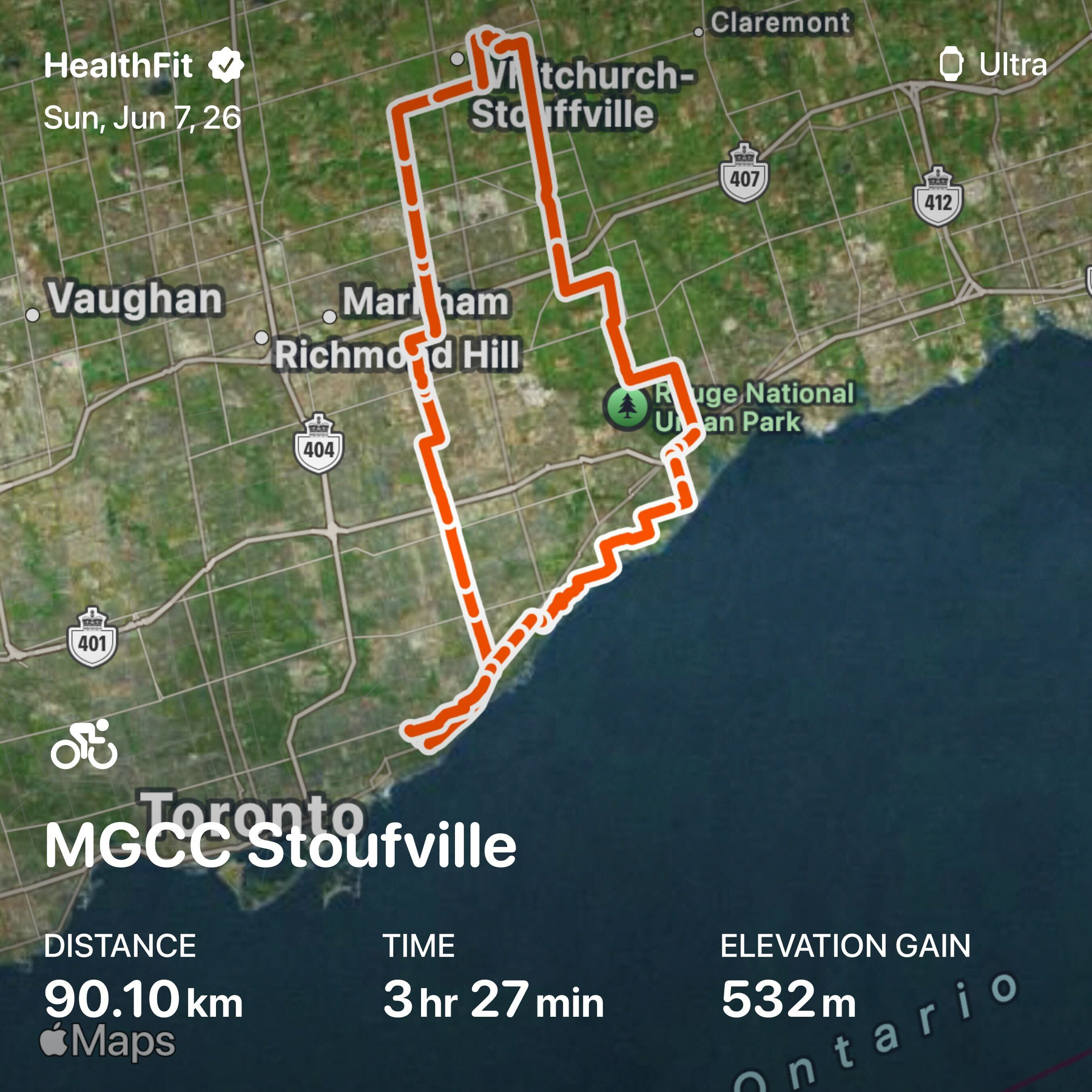 A cycling route covering 90.10 km is overlaid on a map of the Toronto area, showing elevation gain of 532 meters and a duration of 3 hours 27 minutes.