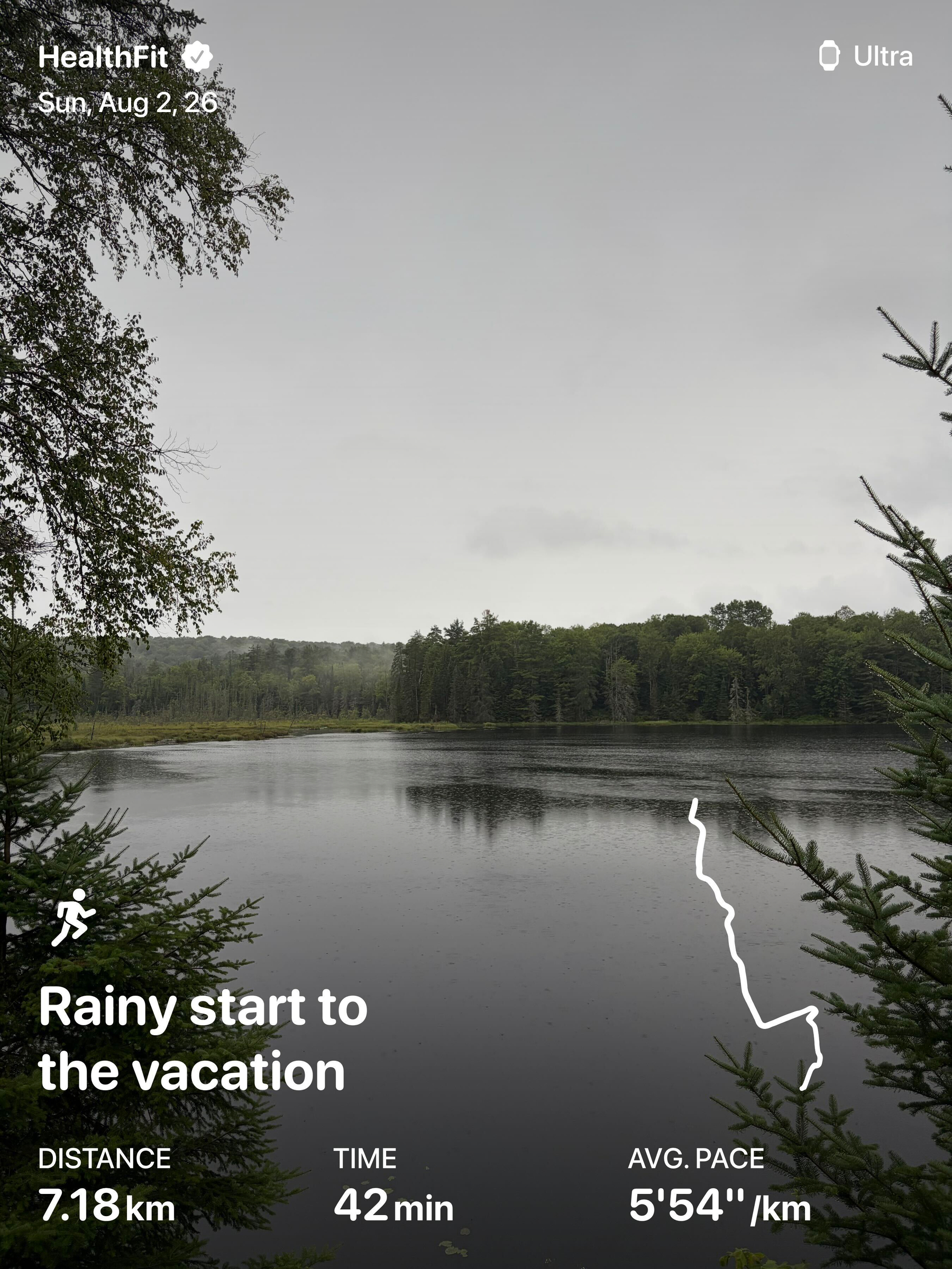 A calm lake surrounded by dense trees is shown on a rainy day, with overlay text indicating a 7.18 km run taking 42 minutes at an average pace of 5 minutes and 54 seconds per kilometer.