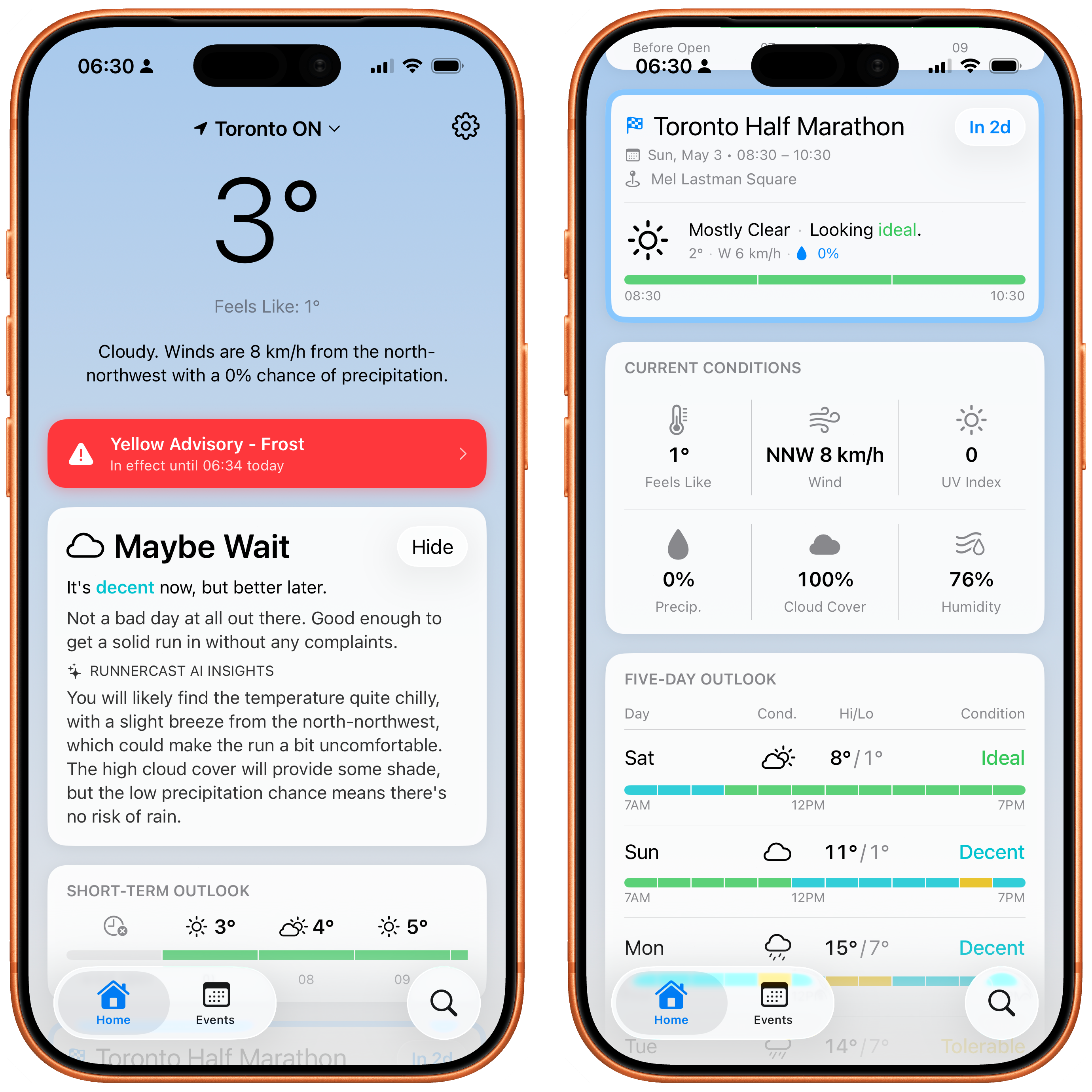 Two smartphone screens display weather forecast details for Toronto, including temperature, wind, and precipitation information for current and upcoming days. Taken from my recent use of RunnerCast