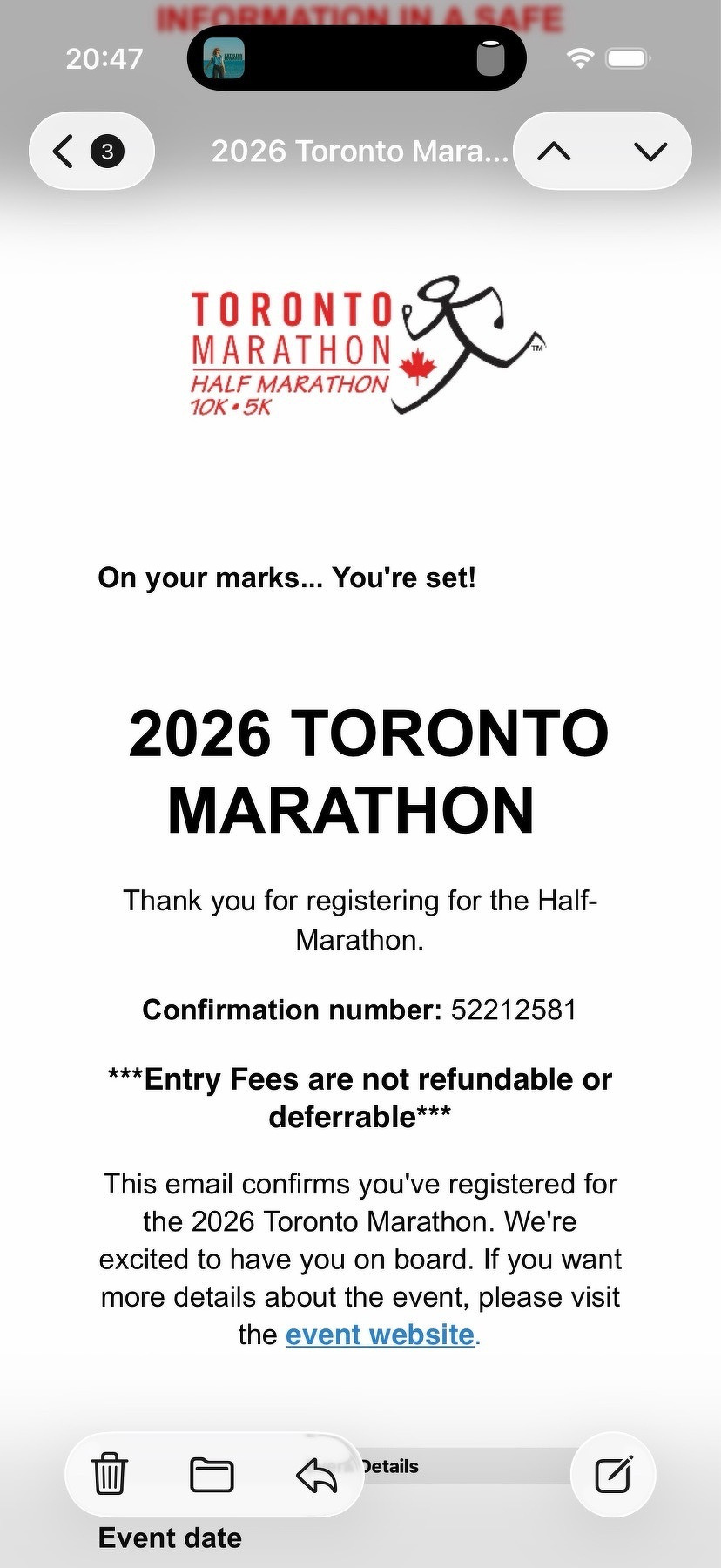 Email confirmation that I’ve signed up for the Toronto Half Marathon 