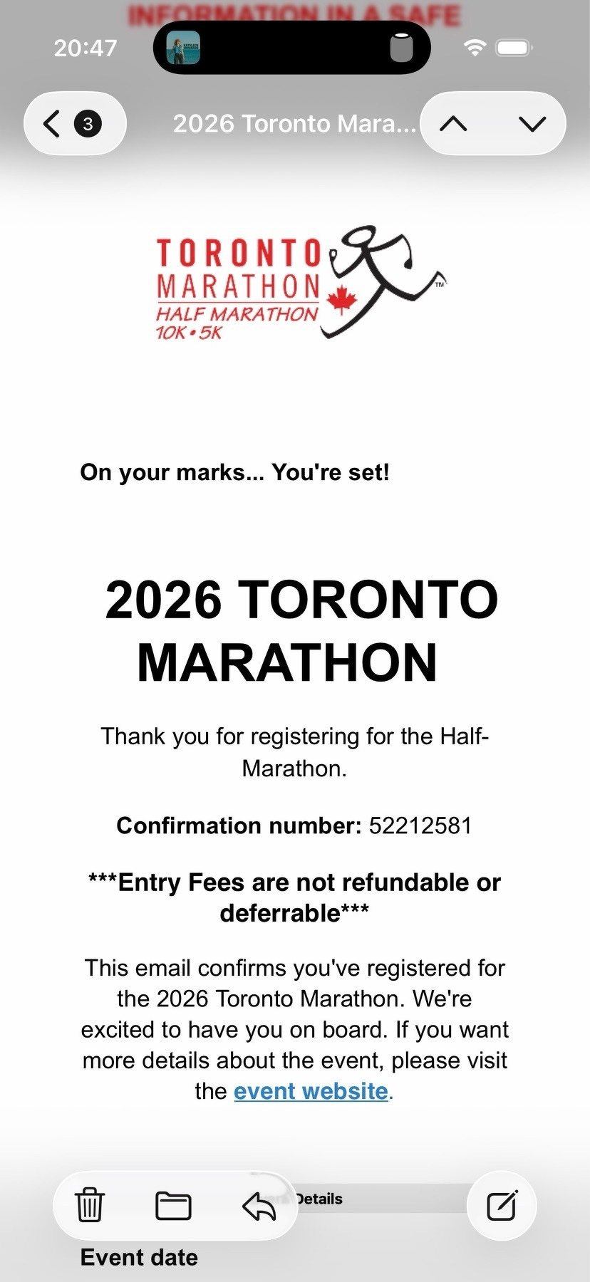 Email confirmation that I’ve signed up for the Toronto Half Marathon 