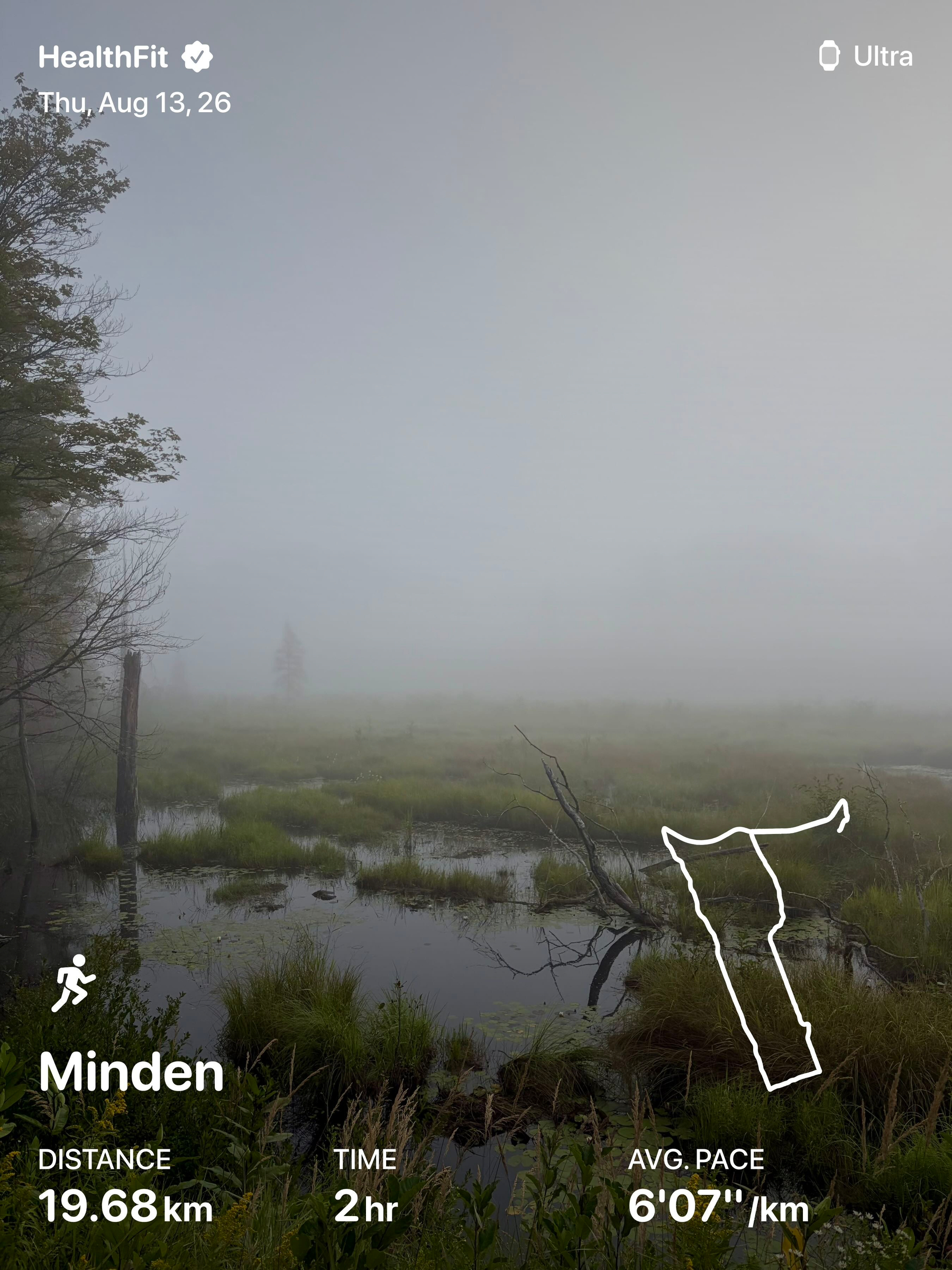 Foggy marsh run in Minden: 19.68 km, 2 hr, 6'07''/km pace with route outline.