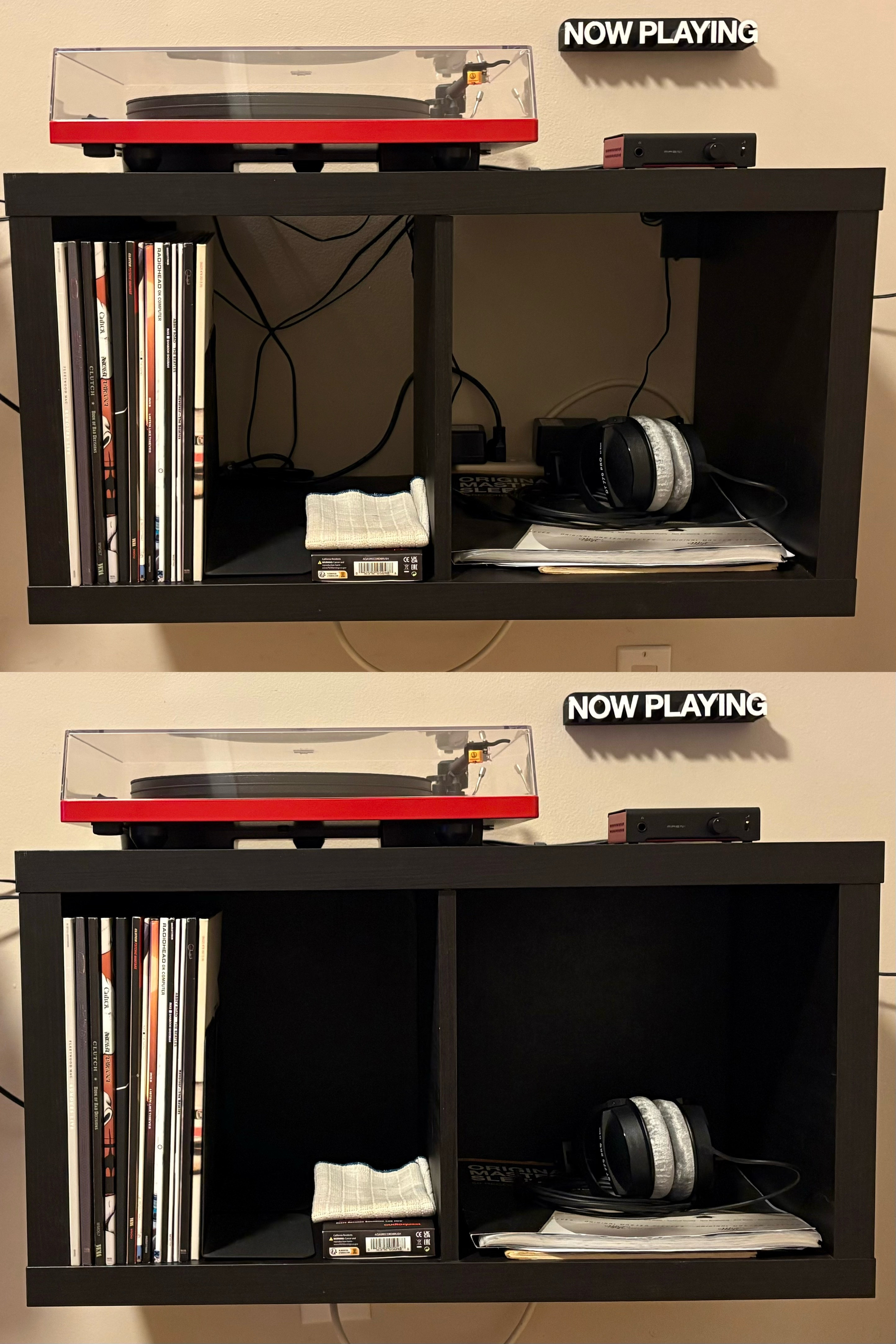 Before and after photos of a wall-mounted shelf displaying a turntable, a collection of vinyl records, headphones, and a Now Playing sign. In the before photo, the wall is visible behind the shelf. In the after photo, black cardboard panels cover the back.