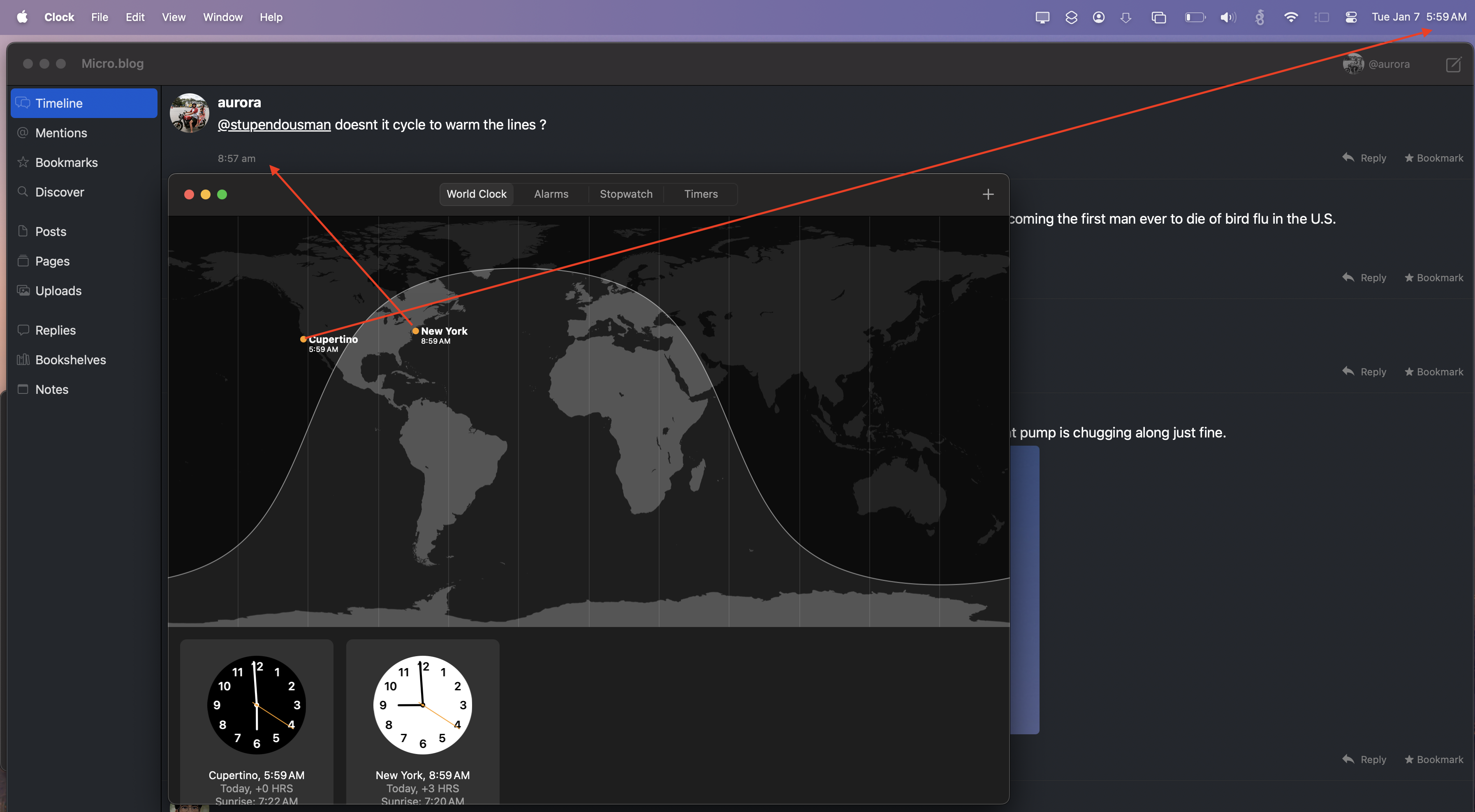 Micro.blog Mac App and Clock app screenshots showing the mismatch of timeline timezone vs device current timezone