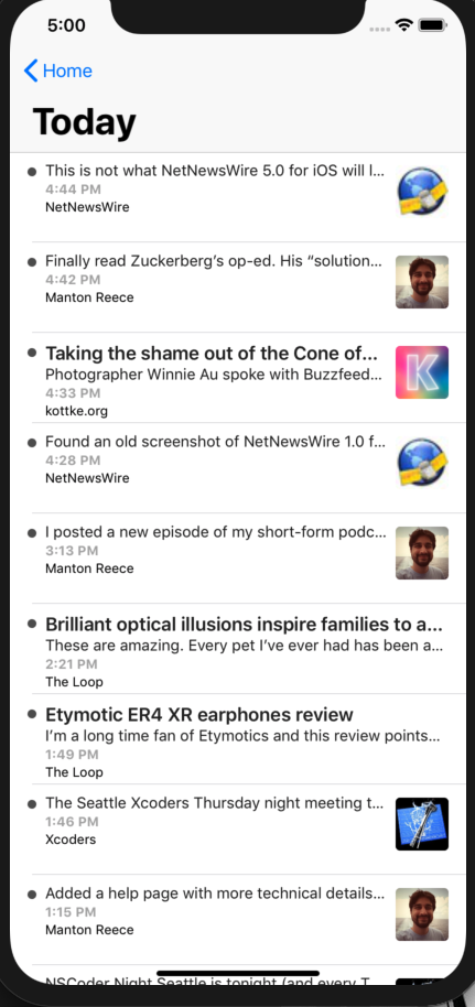 Screenshot of NetNewsWire timeline ported to iOS.