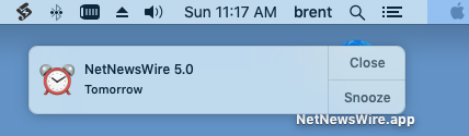 Screenshot of a calendar alert with text “NetNewsWire 5.0 Tomorrow.”