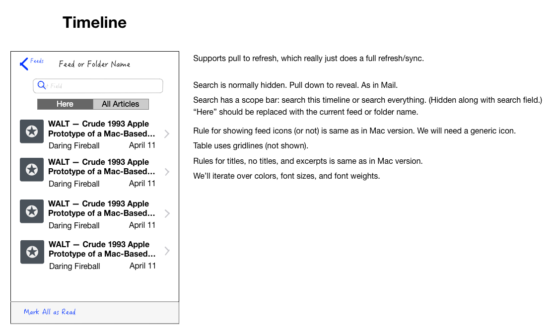 Wireframe of NetNewsWire iOS timeline.