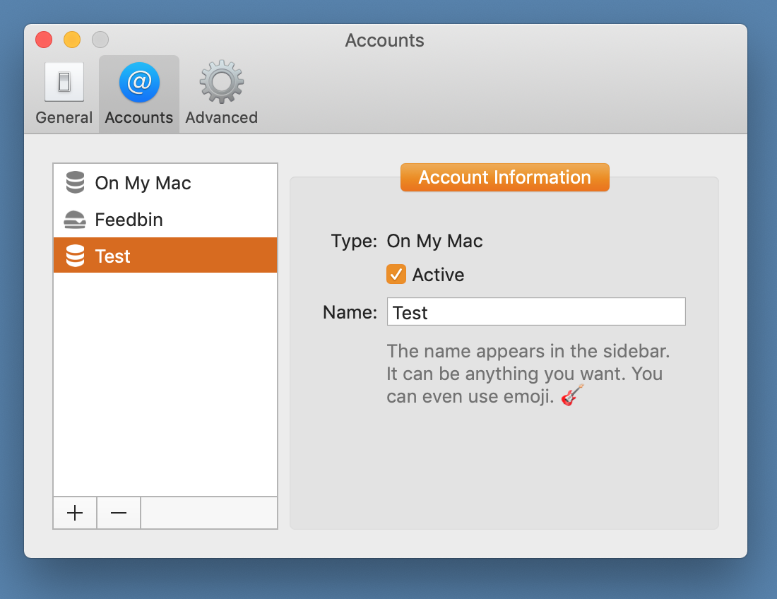 Screenshot showing an On My Mac account called Test.