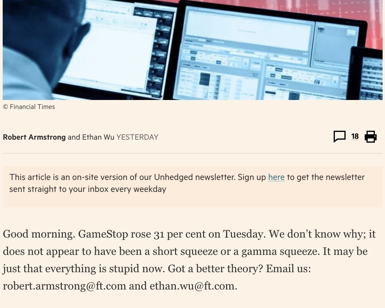 Good morning. GameStop rose 31 per cent on Tuesday. We don’t know why; it does not appear to have been a short squeeze or a gamma squeeze. It may be just that everything is stupid now. Got a better theory? Email us: robert.armstrong@ft.com and ethan.wu@ft.com.