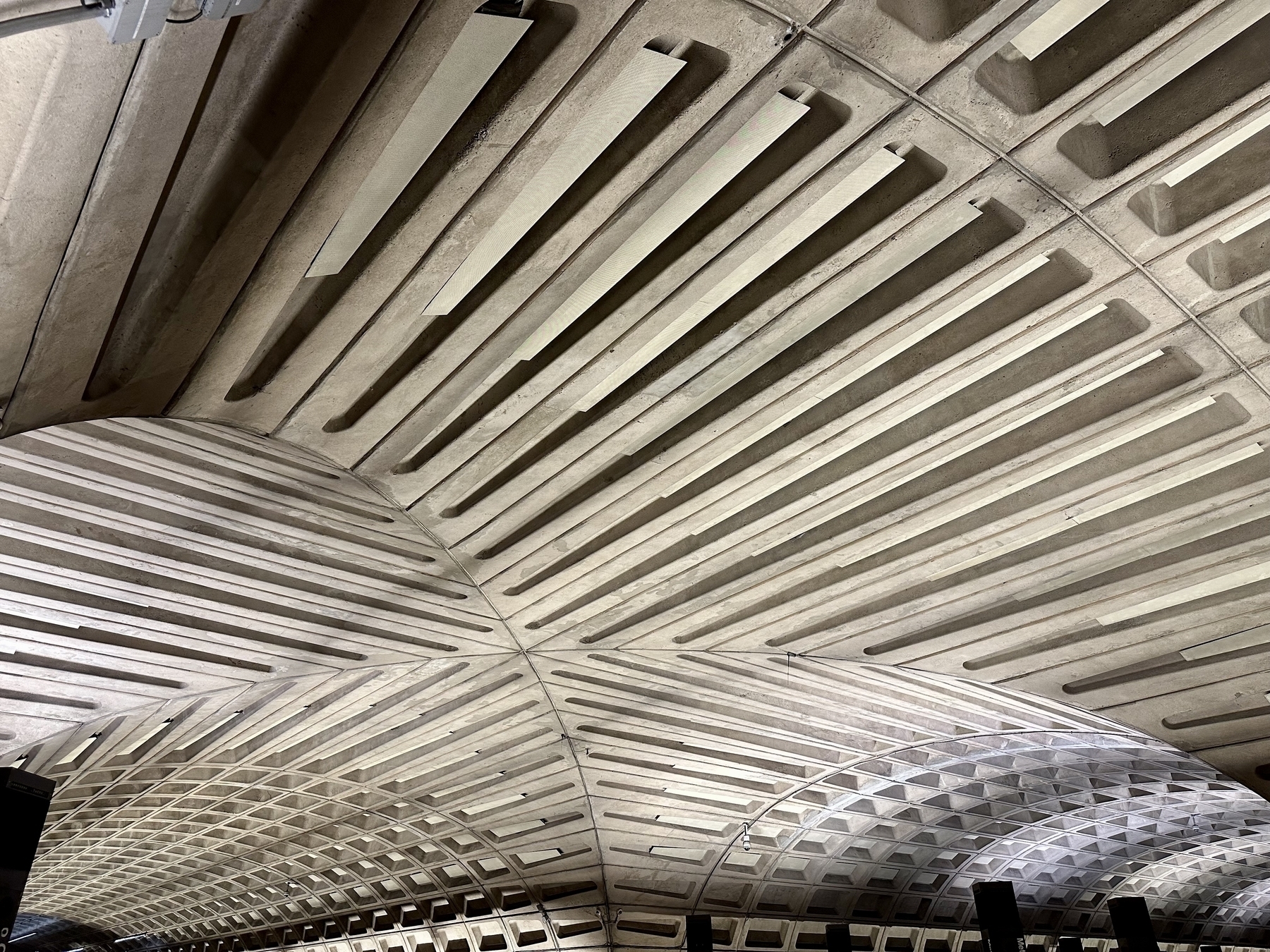 Photo of a concrete ceiling with arches and ridges.