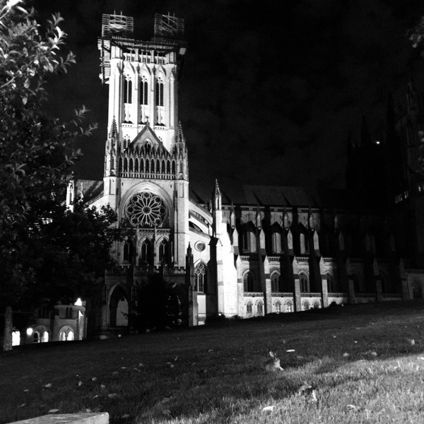 Black and white photo of the Washington National Cathedral at night, with a small bunny in the foreground.