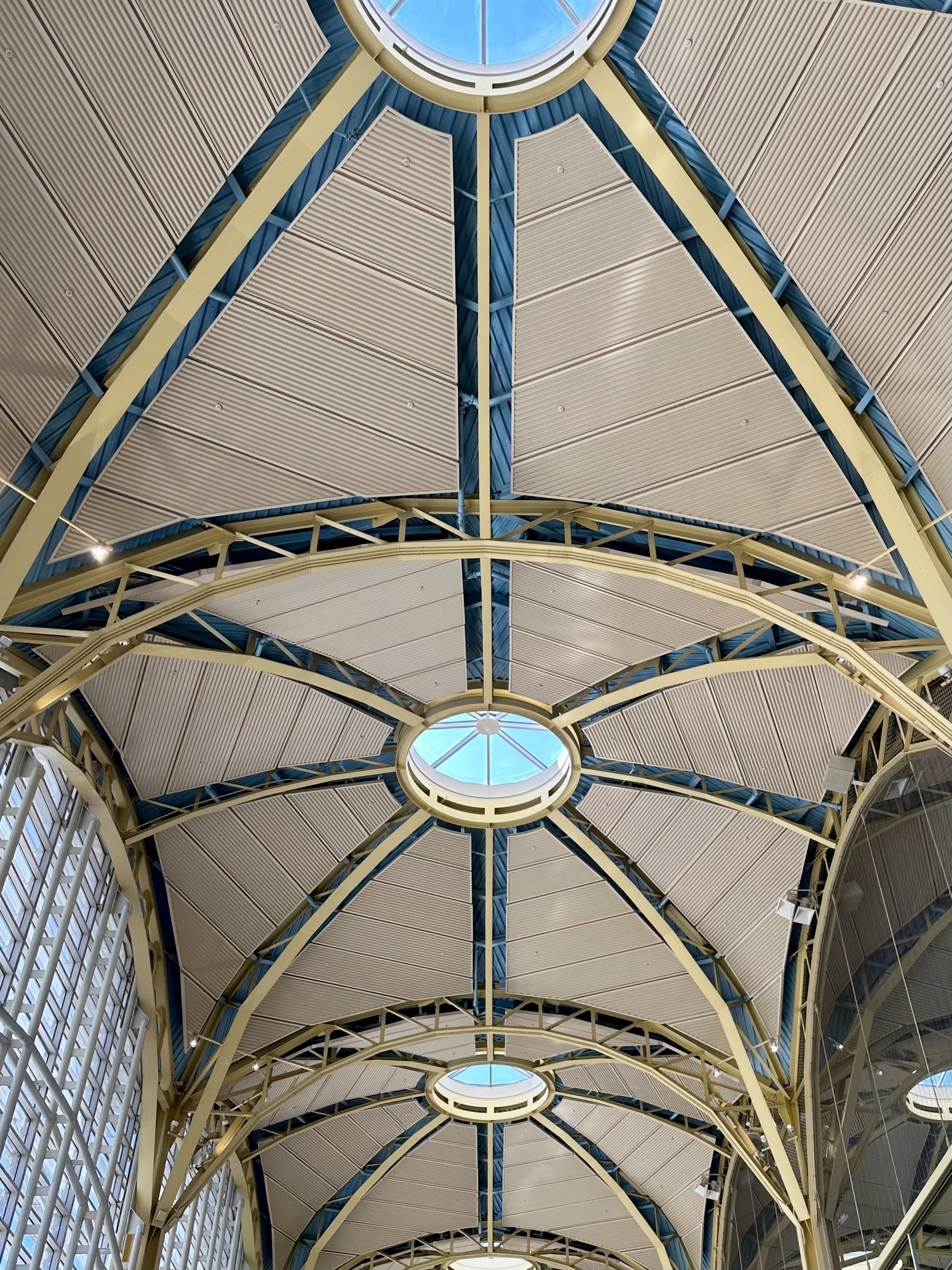 Photo of an arched ceiling with central circular skylights framing a blue sky. 
