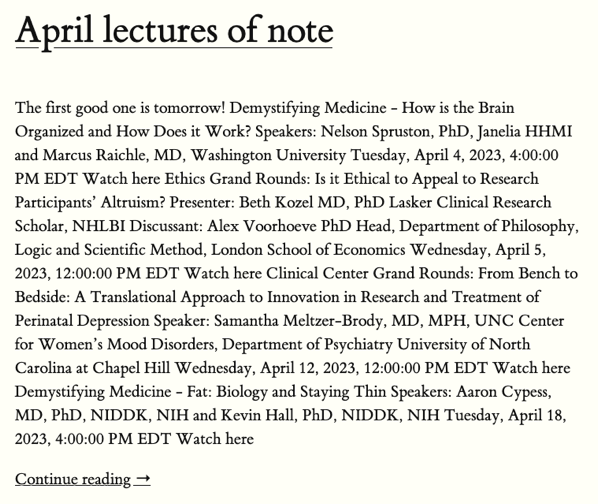 Screenshot of the blog's front page showing a wall of text instead of a list of items