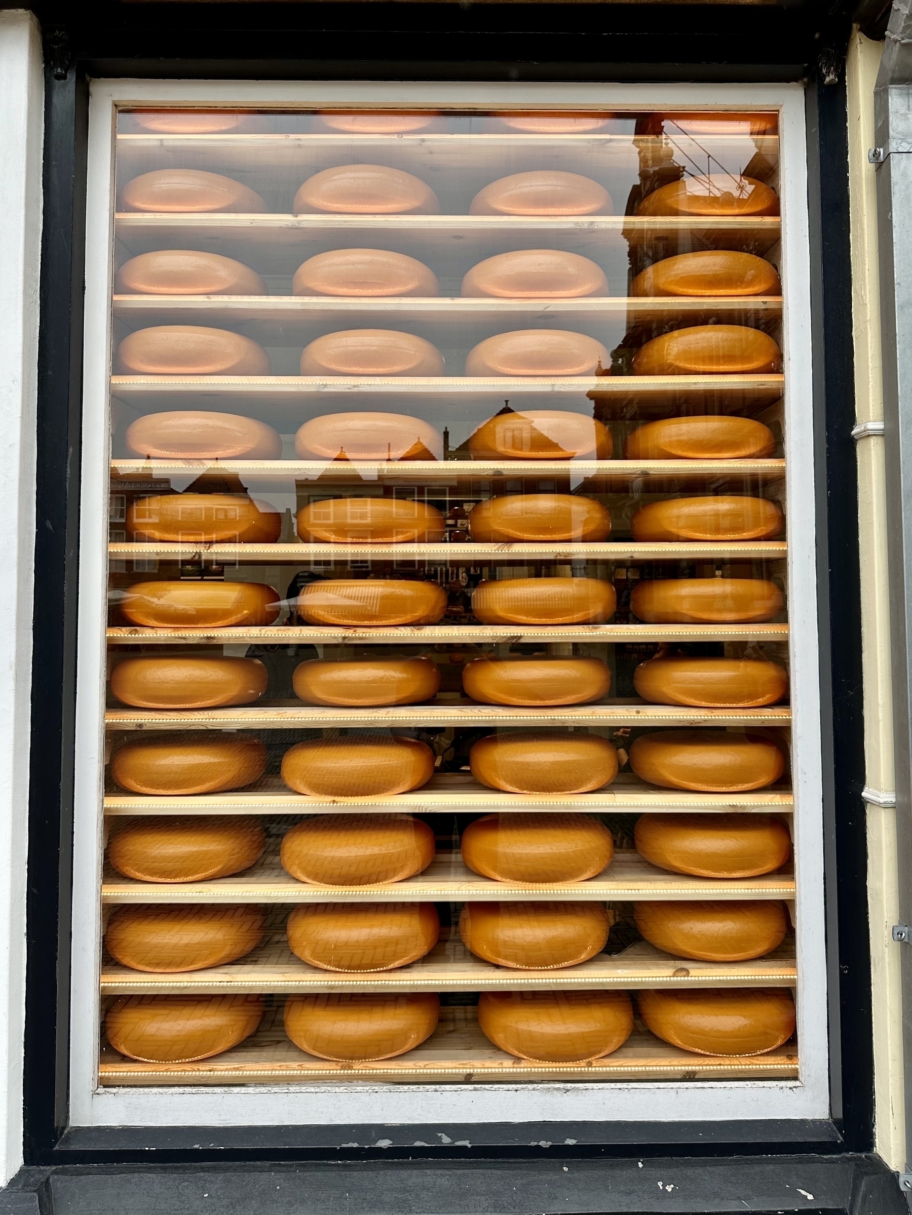 A shop window with row after row of yellow wheels of cheese. &10;