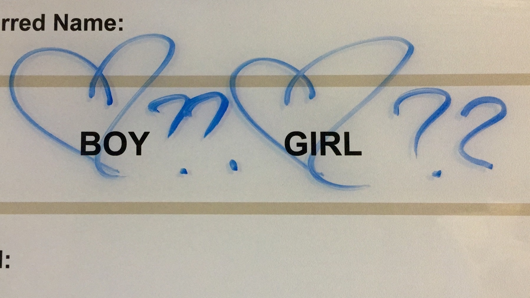 BOY and GIRL is printed on a whiteboard. There are hearts drawn around both with a blue marker, and question marks next to each.