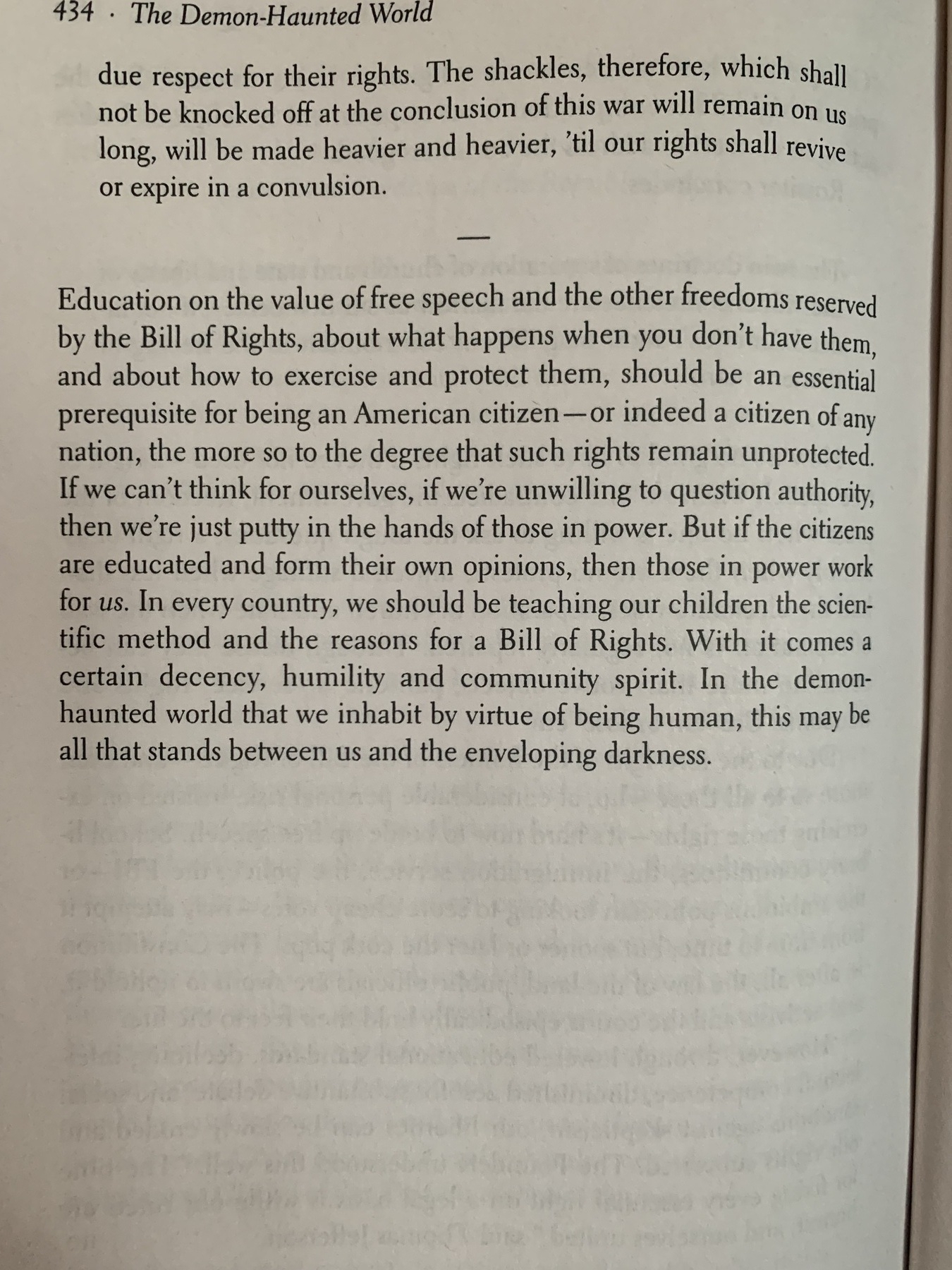 Photo of page 434 from the book The Demon-Haunted World by Carl Sagan. It talks about the importance of freedom of speech and the scientific method.