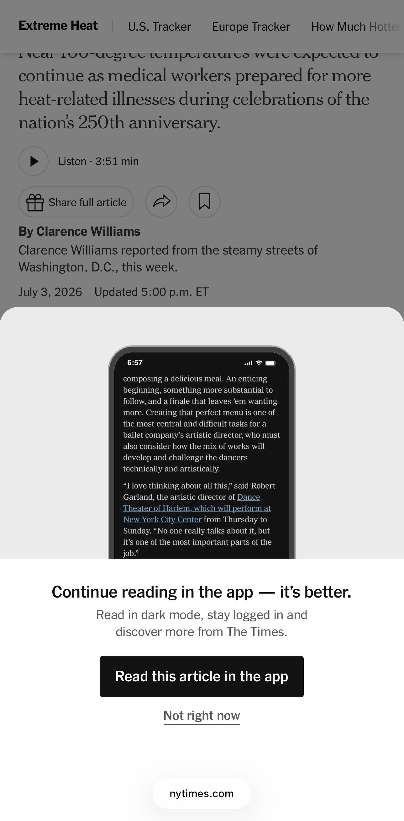 More than half of a New York Times story about the heat wave in Washington DC is covered by a dickover hawking the NYT app.