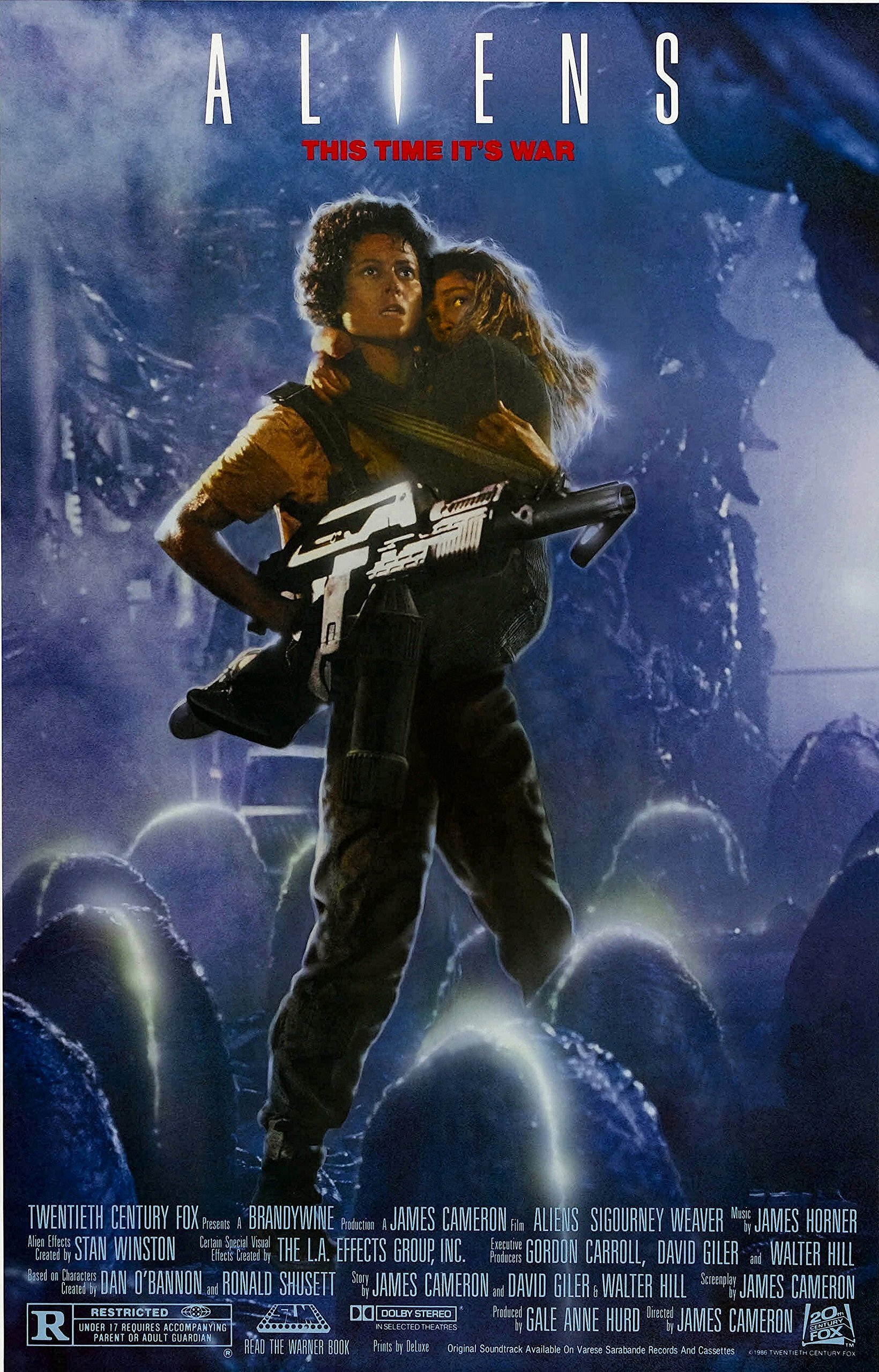 Poster for Aliens (1985) featuring a figure armed with a large weapon and holding a child stands amidst a dramatic science fiction setting with ominous egg-like structures in the foreground.
