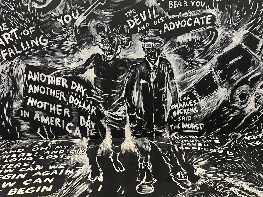 A monochrome illustration depicts a devilish figure with horns alongside a man in a hat and sunglasses, surrounded by expressive, handwritten phrases.