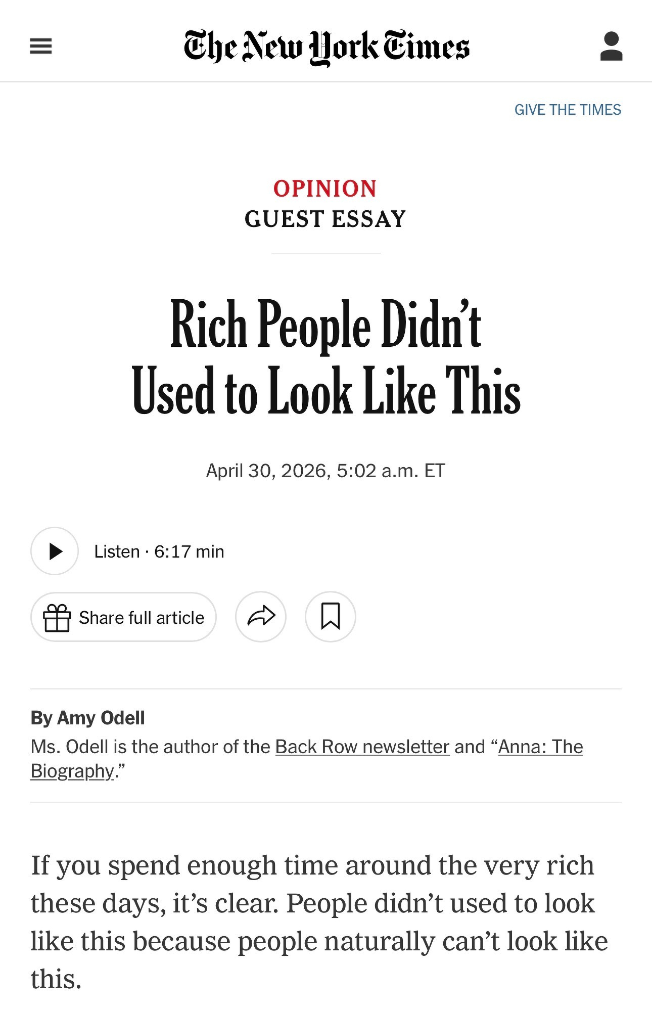 A New York Times opinion section features a guest essay titled “Rich People Didn’t Used to Look Like This” by Amy Odell.