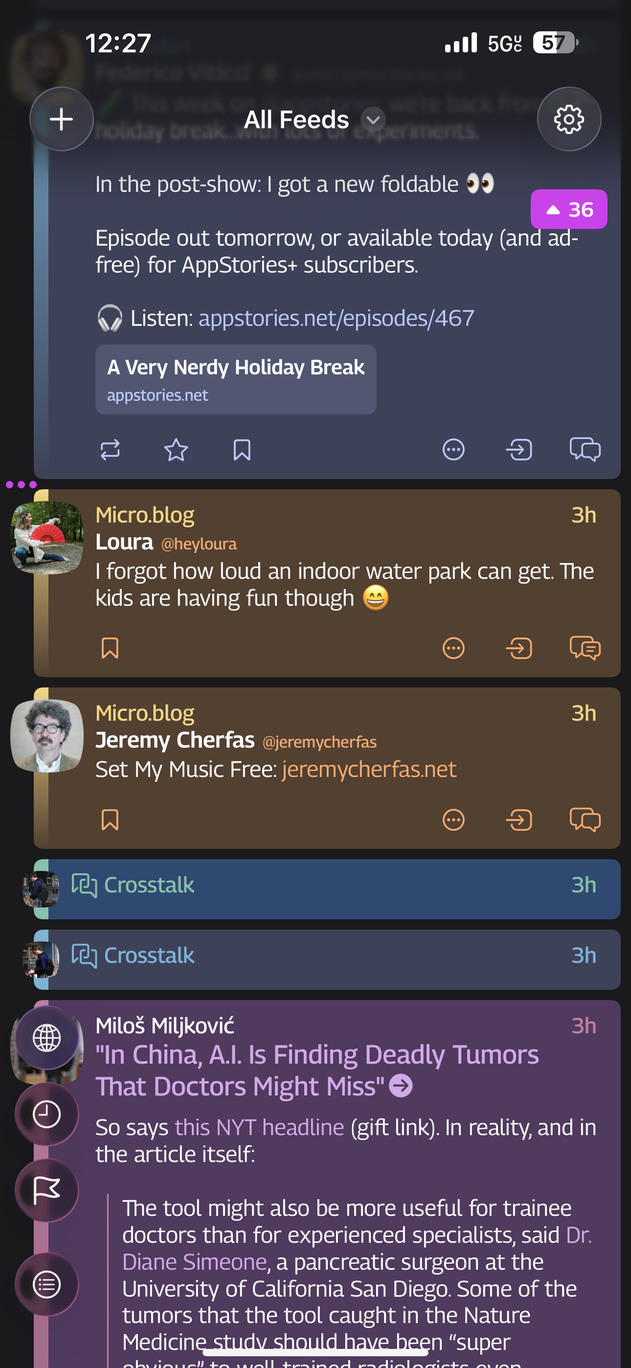 A feed of social media posts is displayed, featuring comments about a foldable product launch, a water park visit, and an article on AI and tumors.