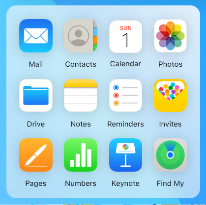Screenshot of a 4x3 array of Apple app icons: Mail, Contacts, Calendar, Photos, Drive, Notes, Reminders, Invites, Pages, Numbers, Keynote and Find My.