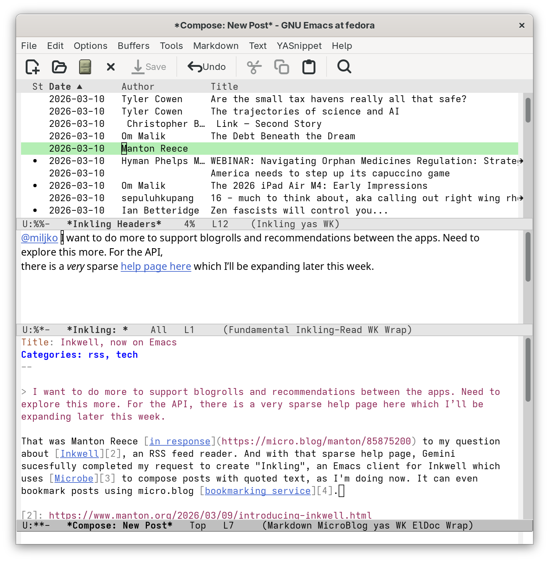 Screenshot of an Emacs window with a list of RSS feeds in the top third, an open post by Manton Reece in the middle, and this post in edit mode at the bottom.
