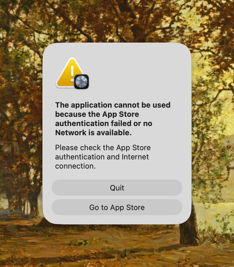 An error message indicating that an application cannot be used due to App Store authentication failure or lack of network connection is displayed against a blurred nature background.