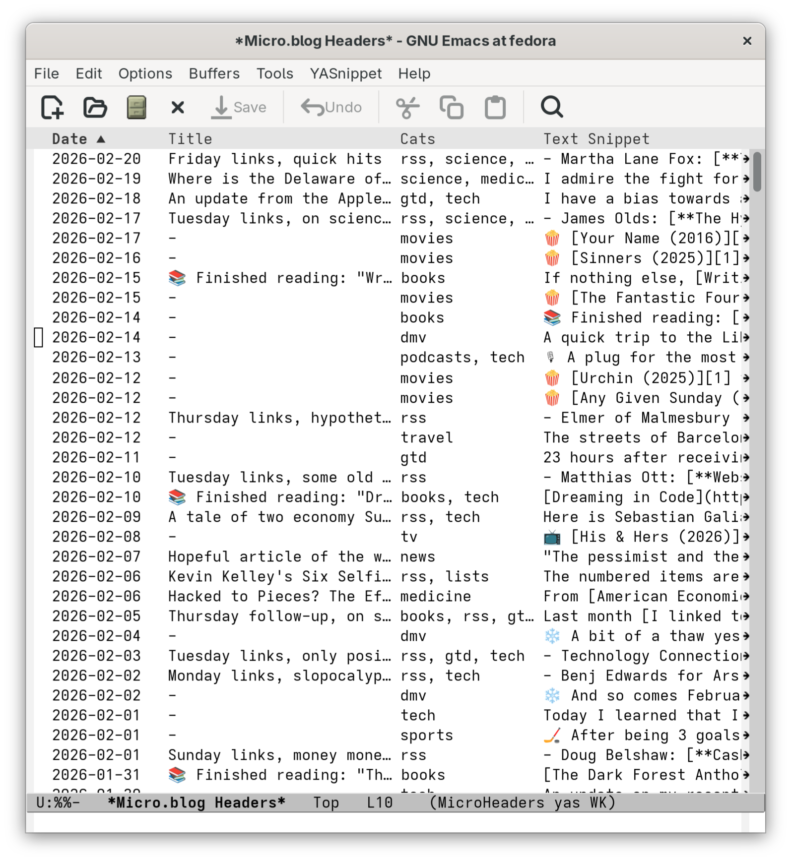 A screenshot shows a list of blog post entries with dates, titles, categories, and snippets displayed in a text editor window.