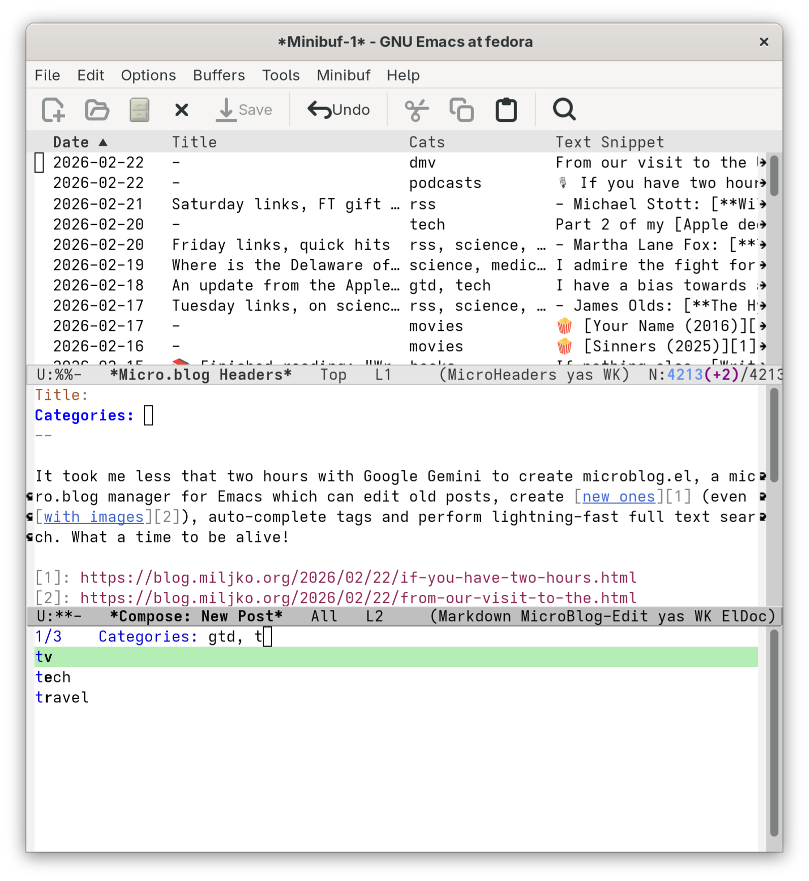 Screenshot of an Emacs screen with a list of Infinite Regress blog posts at the top and the current post being written at the bottom.