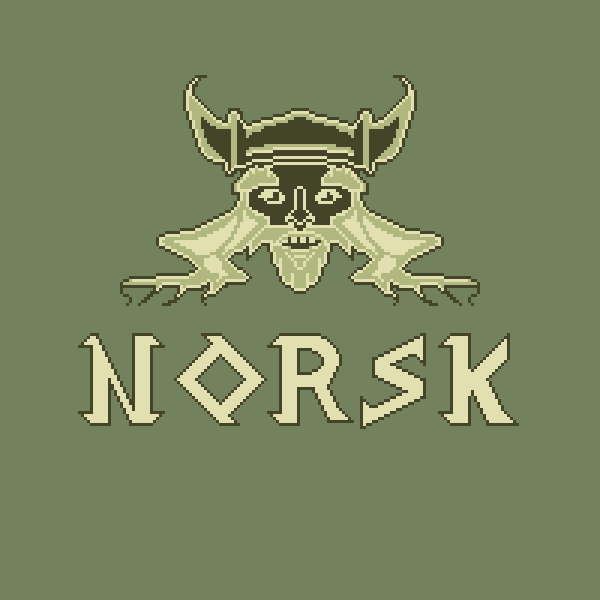 pixel art title screen with warrior and title Norsk in strange lettering