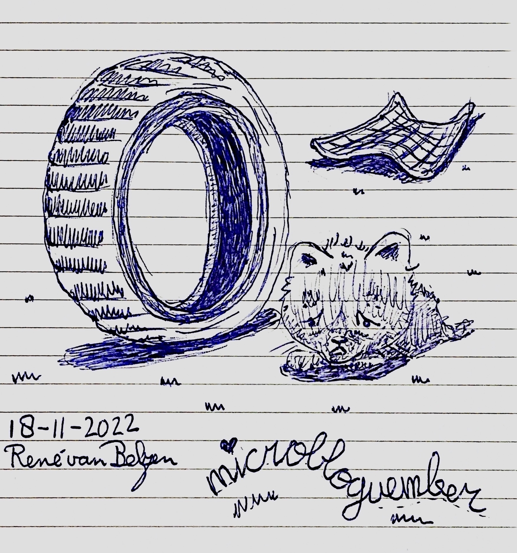 ballpoint sketch showing a tire, a tired kitten and a thrown towel