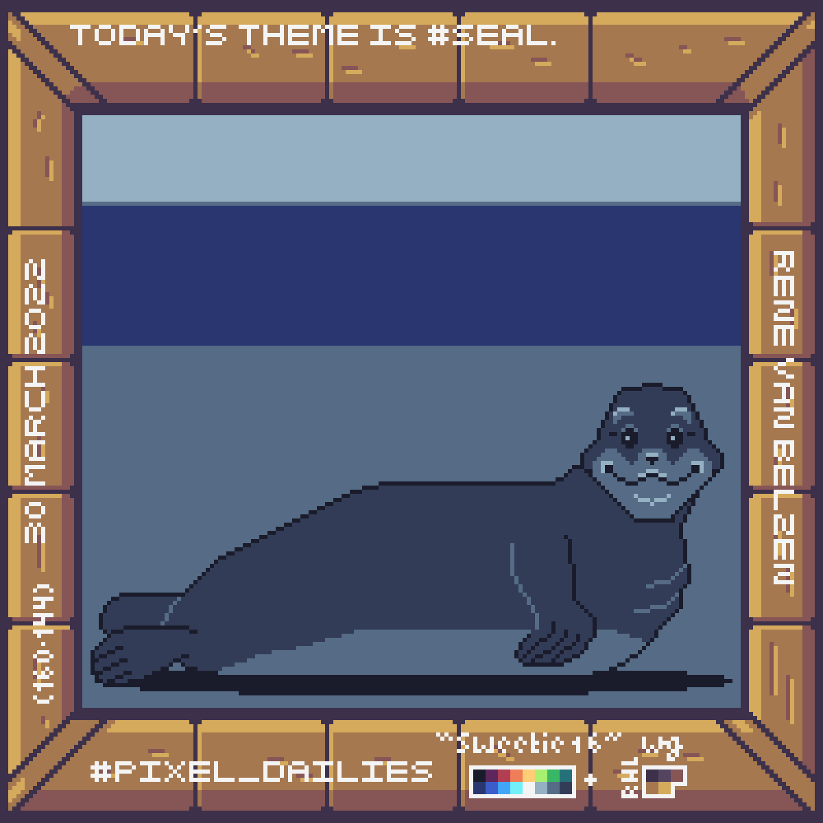 pixel art of seal smiling on a rocky beach