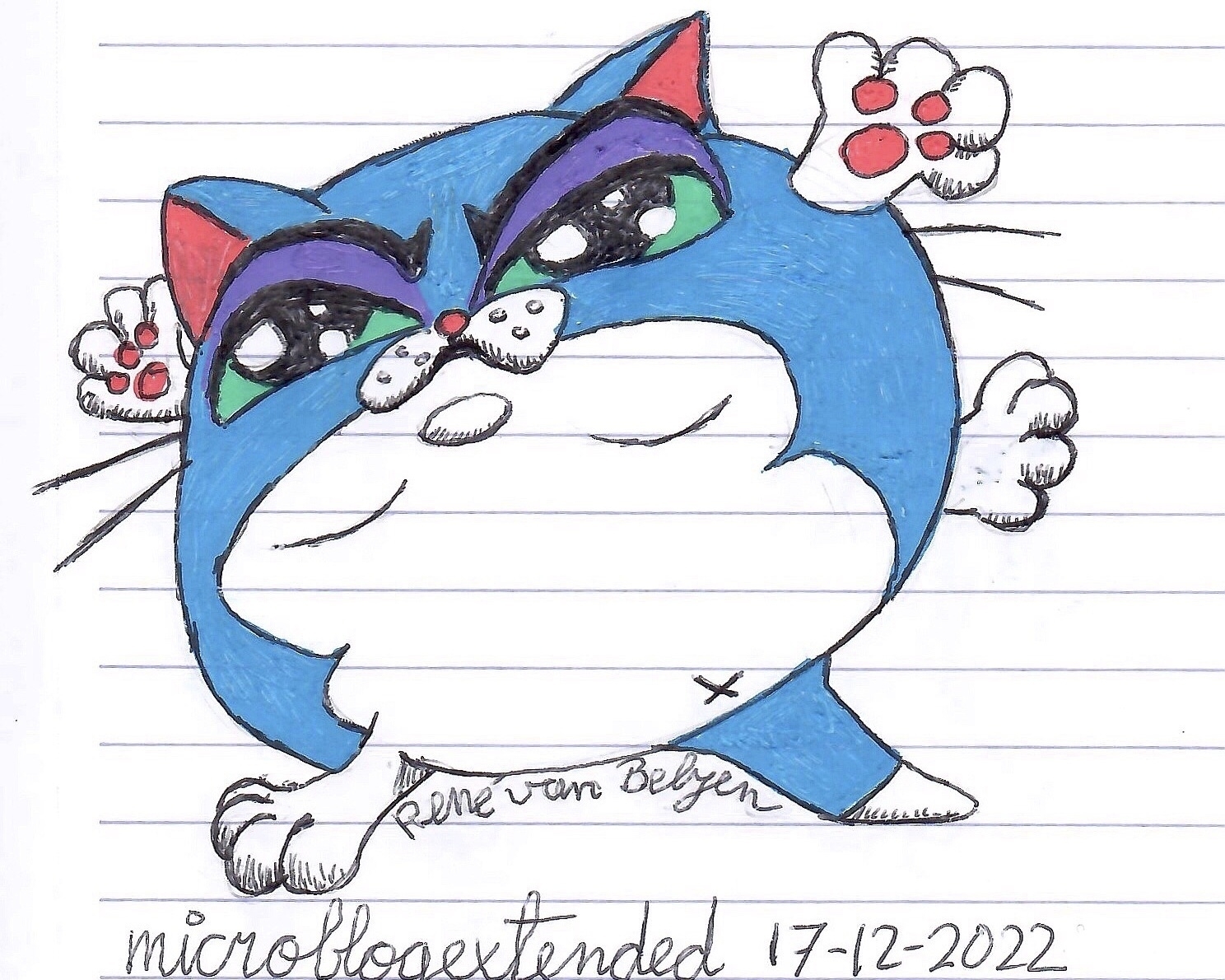 ballpoint and gel pen colored sketch of a cartoonish cat with a lump in its throat