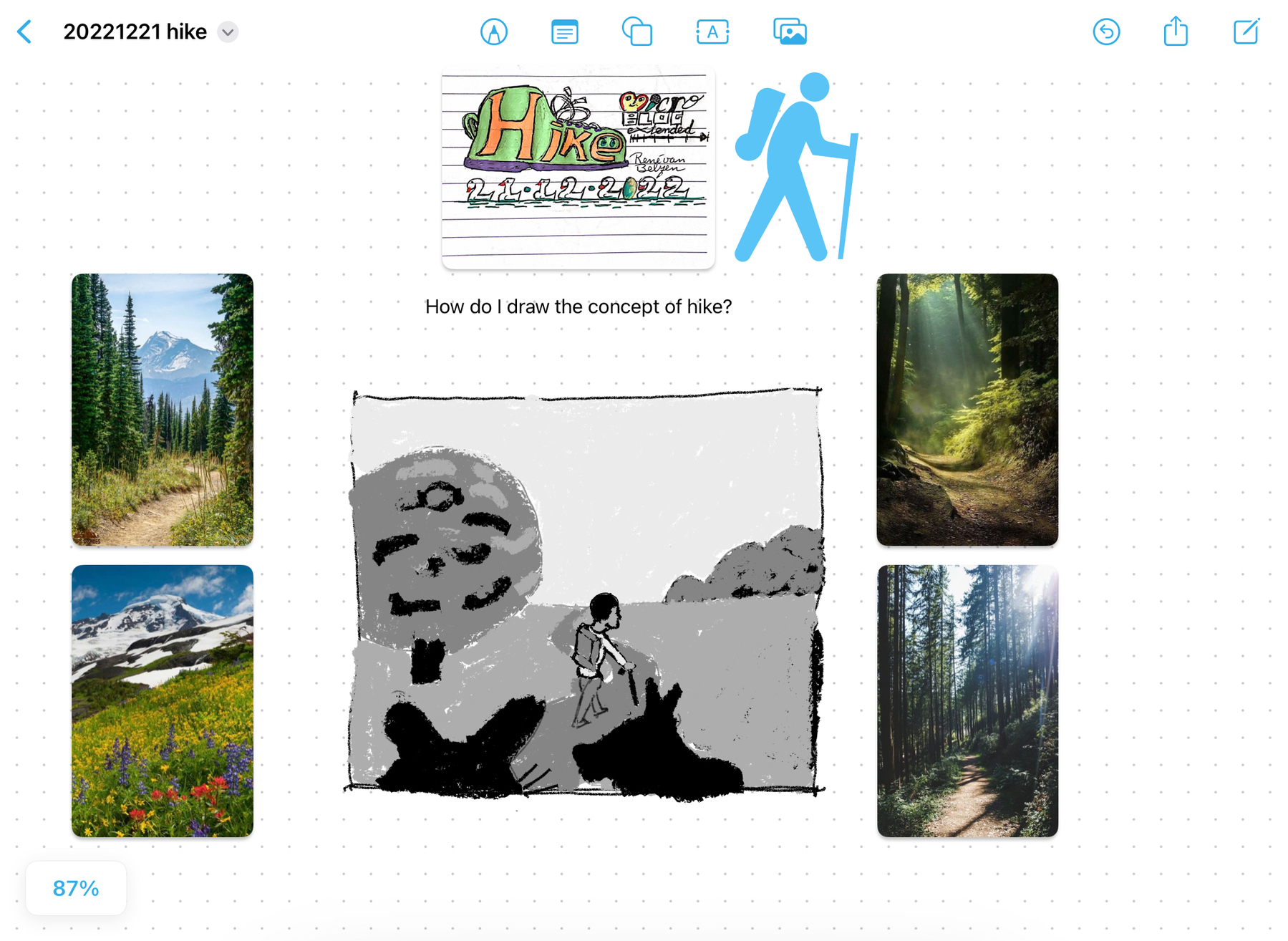 iPad OS 16.2 Freeform app loaded with a concept board for Hike