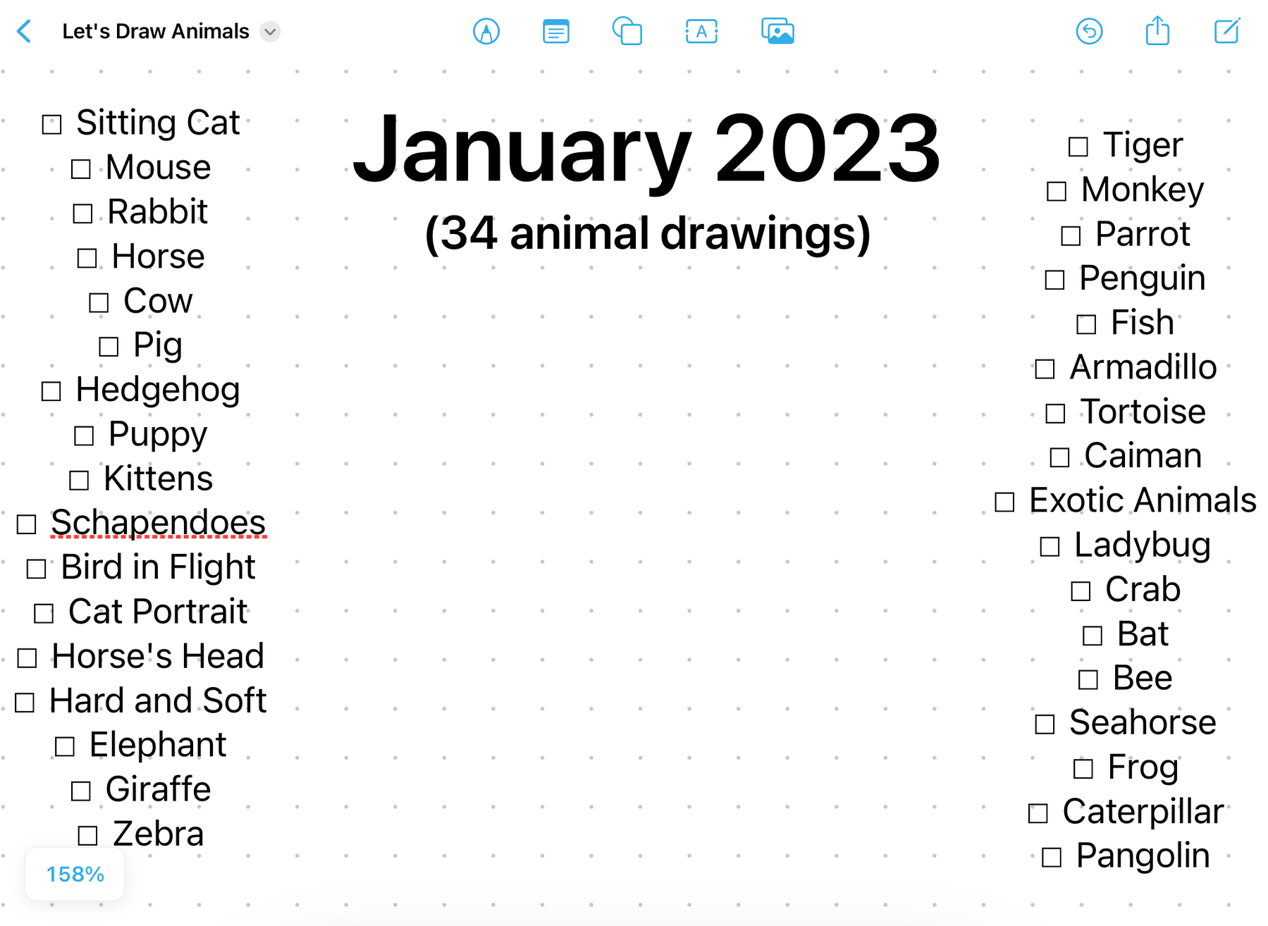 Freeform board for January 2023 with 34 drawing challenges