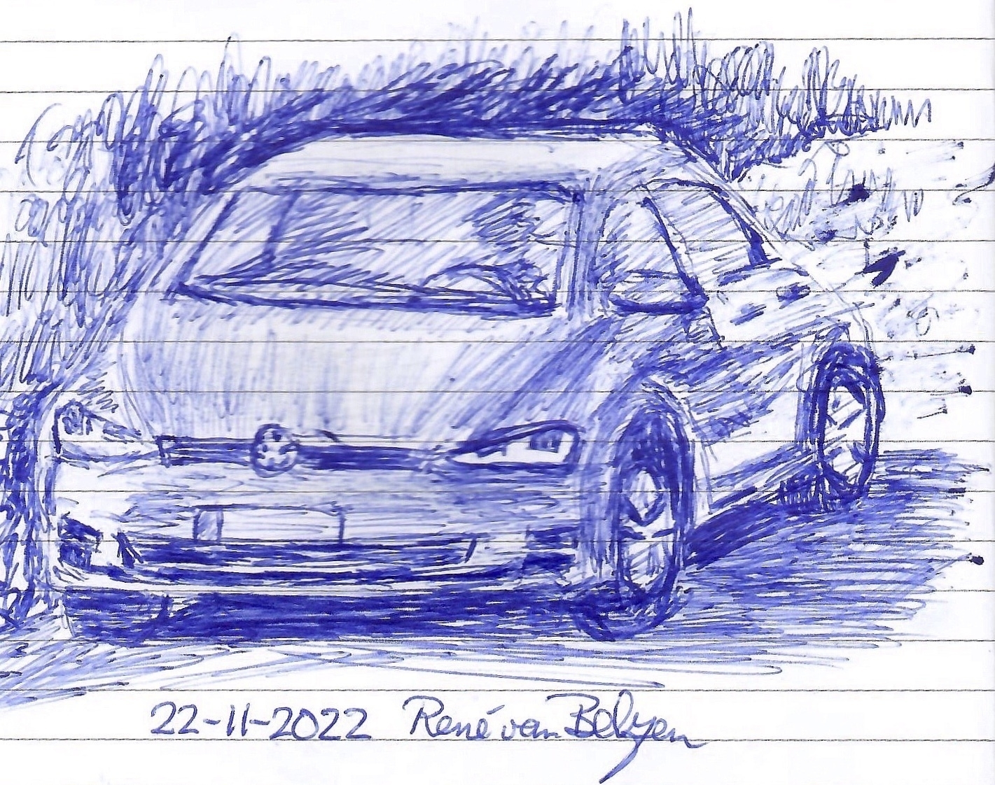 ballpoint pen sketch of VW car