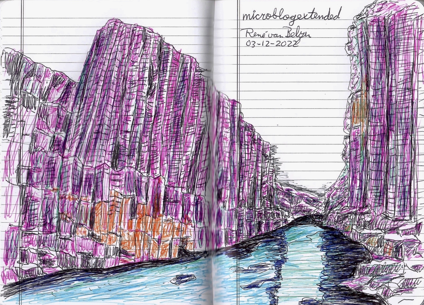 colored ballpoint pen sketch of river running through striated rocks pillar walls
