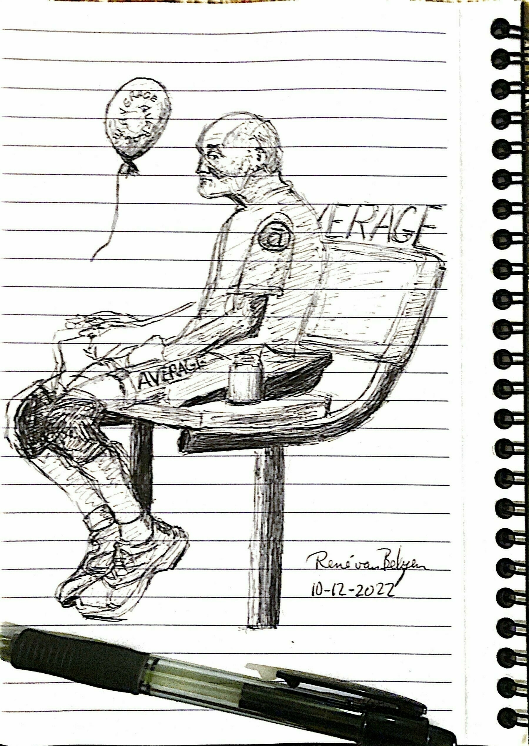 ballpoint pen sketch of older runner sitting on a bench