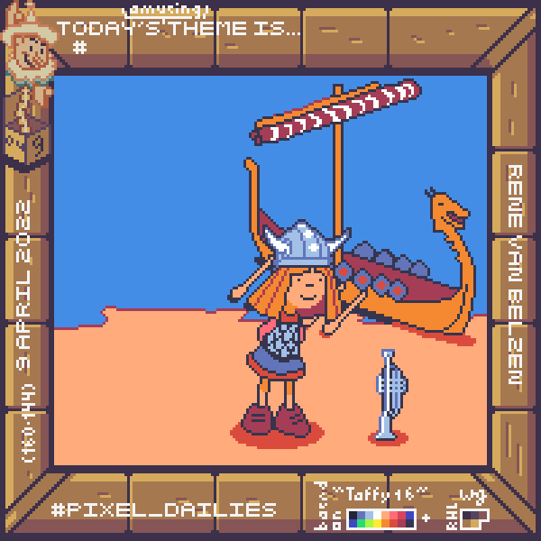 pixel art, vicky the viking finds a trumpet