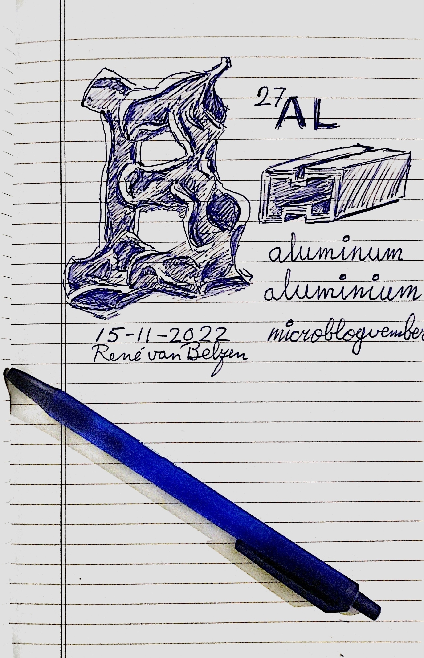 ballpoint sketch of a 13 in aluminium foil, isotope 27 Al and the two accepted spellings of the element