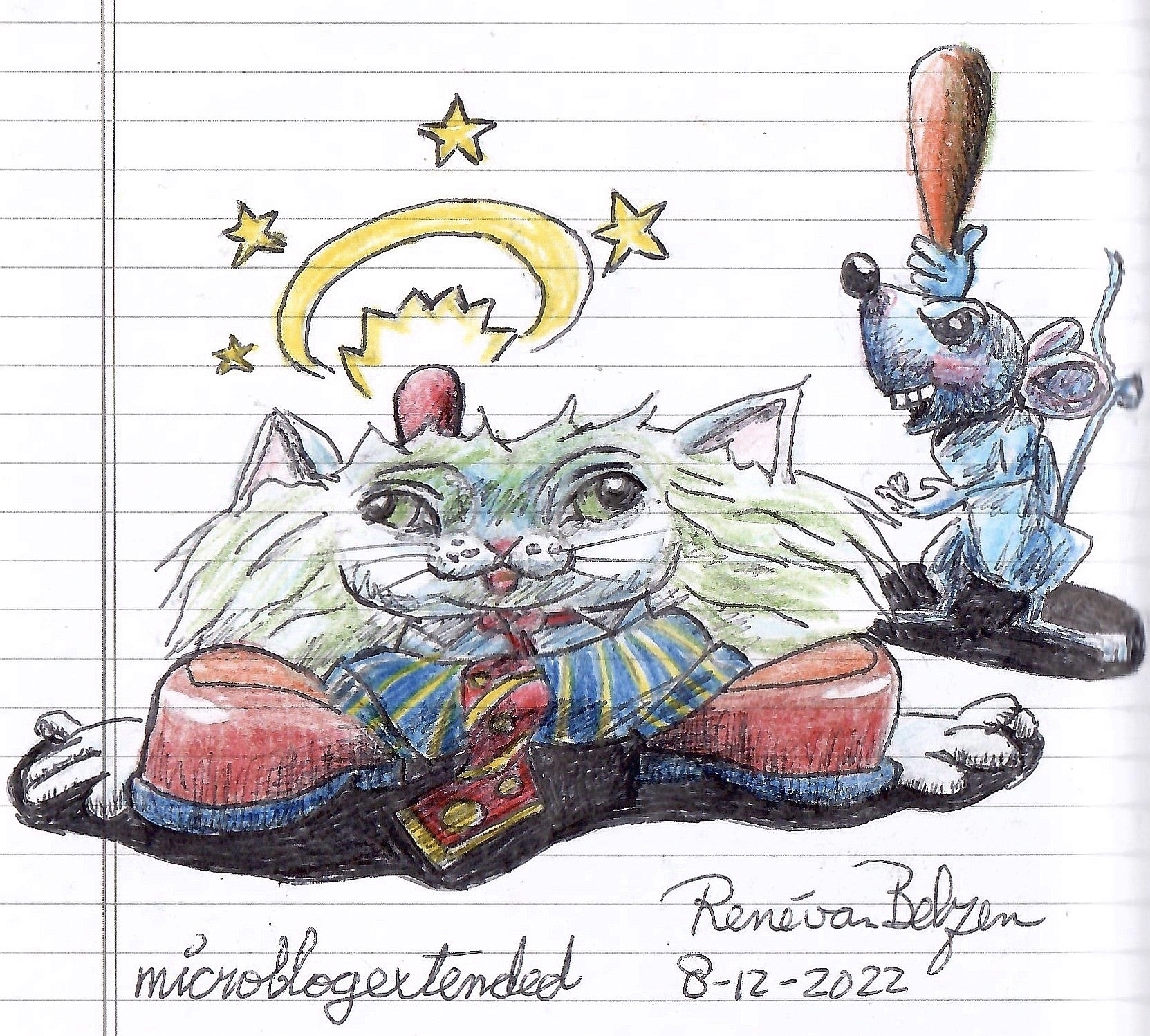 ballpoint pen and colored pencil sketch of cartoon violence, i.e. a cat splatted by mouse