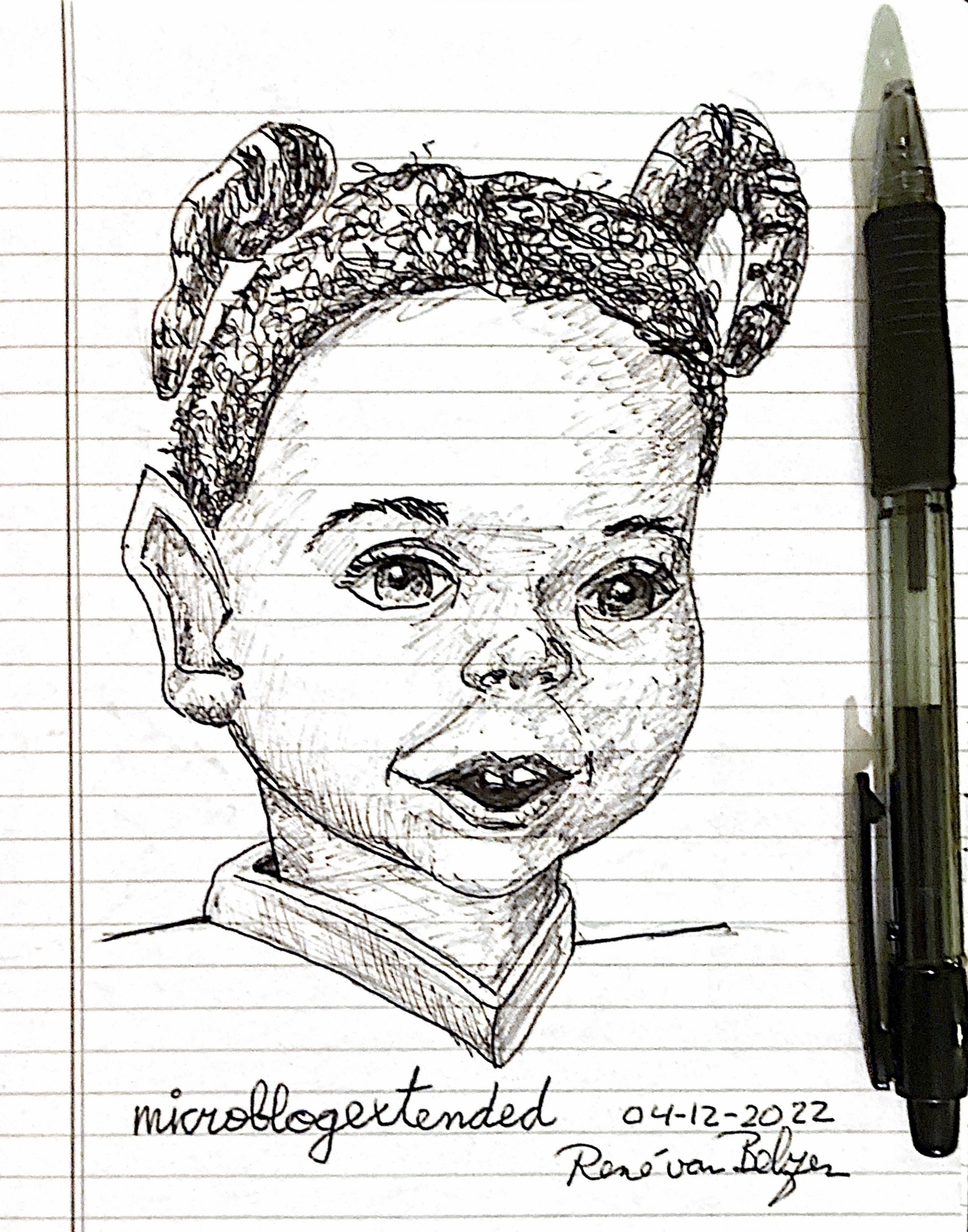 ballpoint sketch of a little girl with pigtails